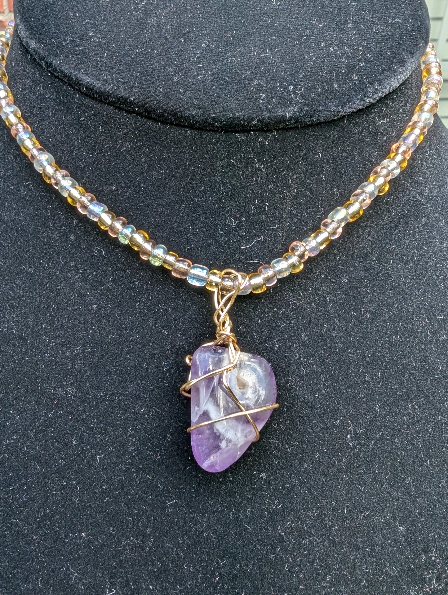 Golden Wire-wrapped Amethyst Pendant on Beaded Choker Necklace