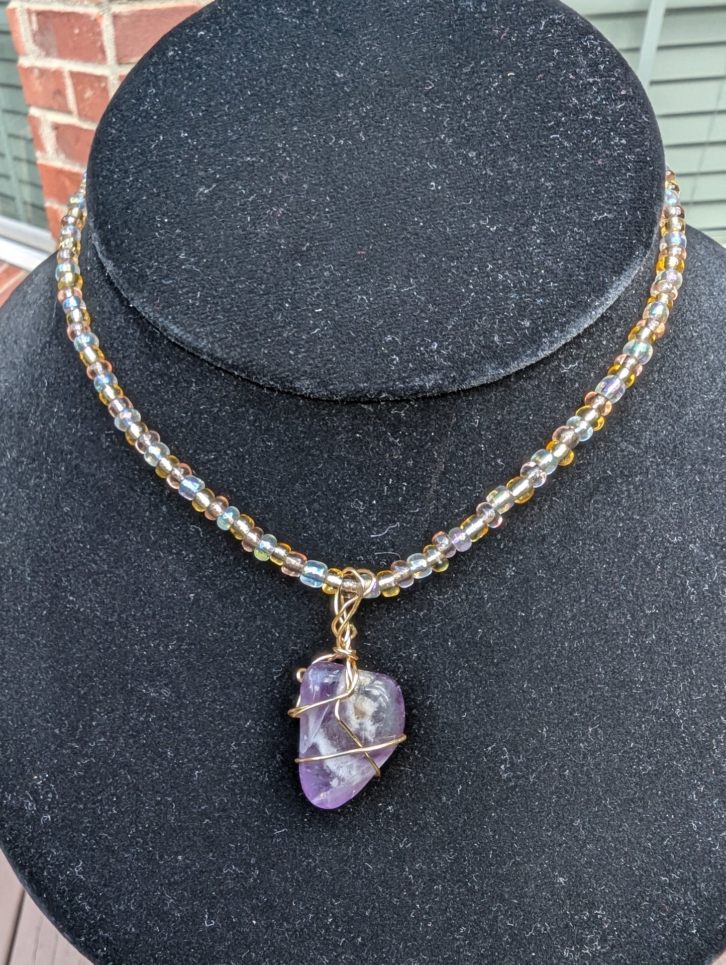 Golden Wire-wrapped Amethyst Pendant on Beaded Choker Necklace