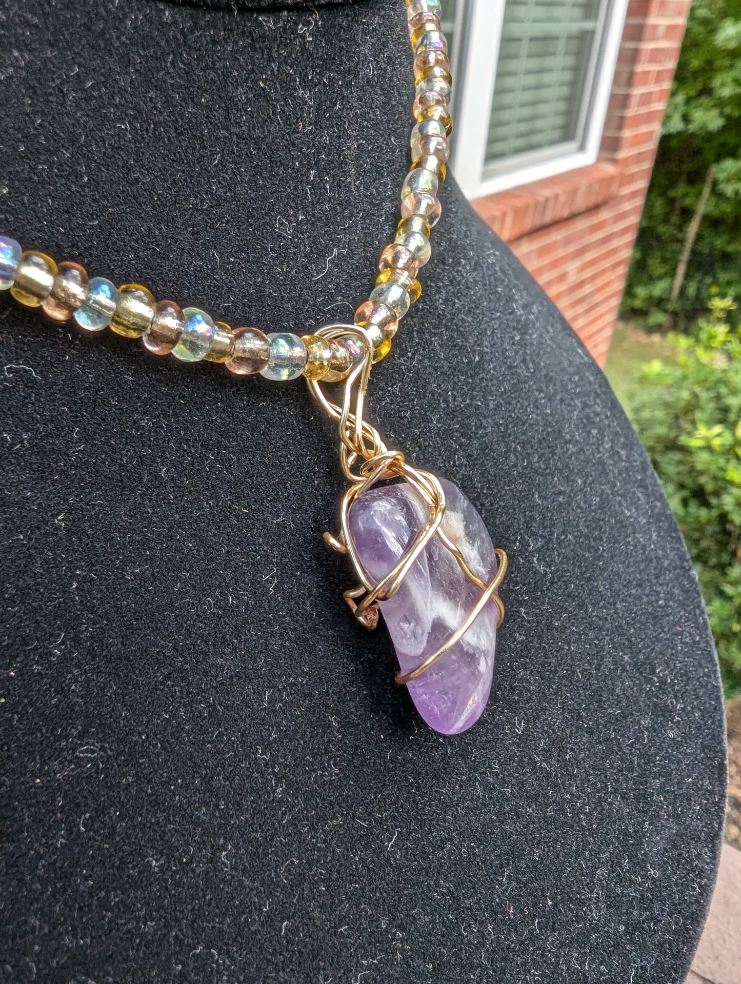 Golden Wire-wrapped Amethyst Pendant on Beaded Choker Necklace
