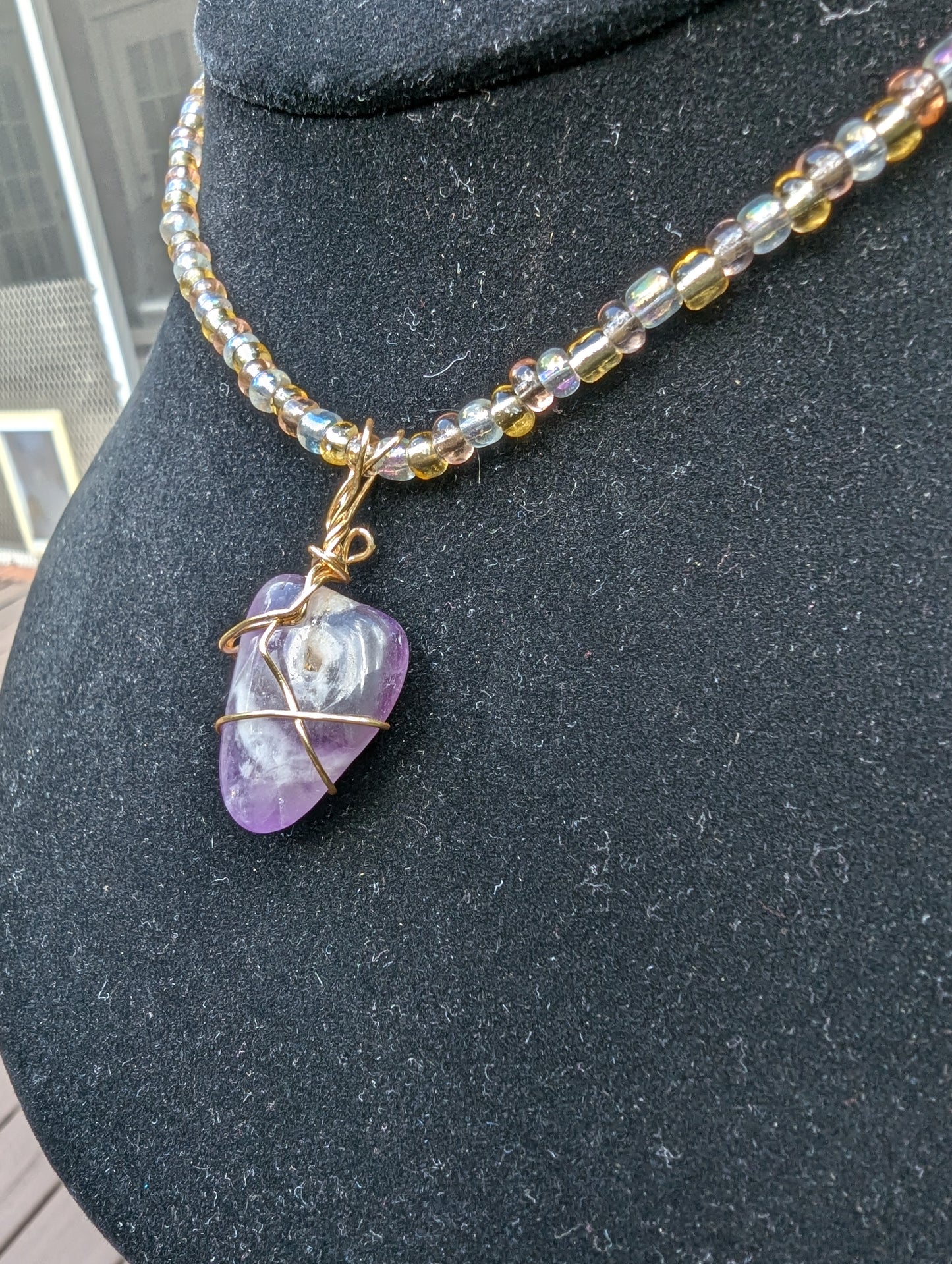 Golden Wire-wrapped Amethyst Pendant on Beaded Choker Necklace