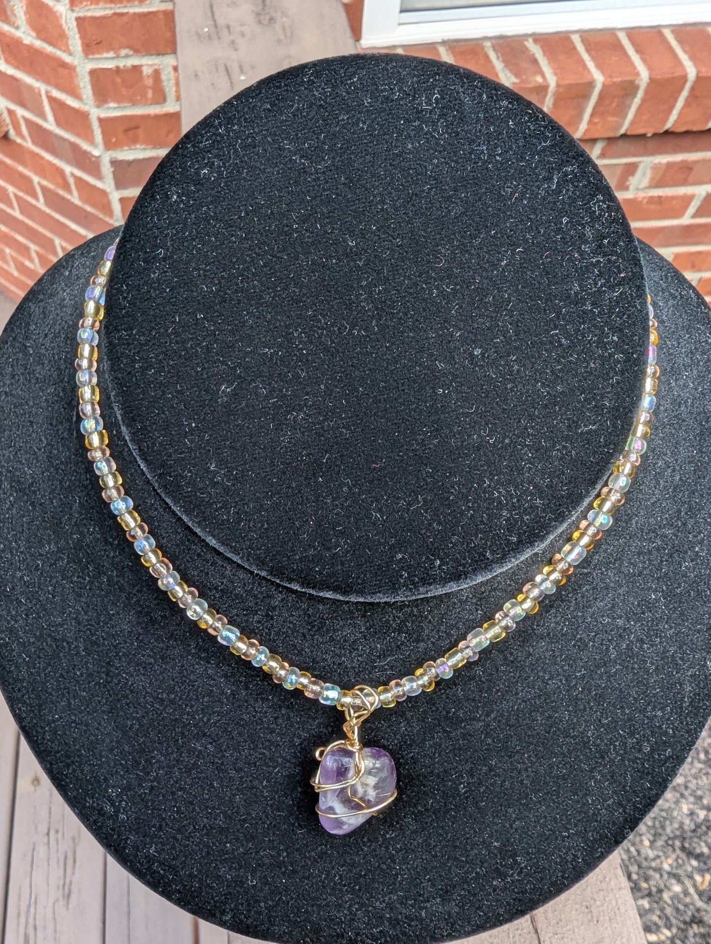 Golden Wire-wrapped Amethyst Pendant on Beaded Choker Necklace