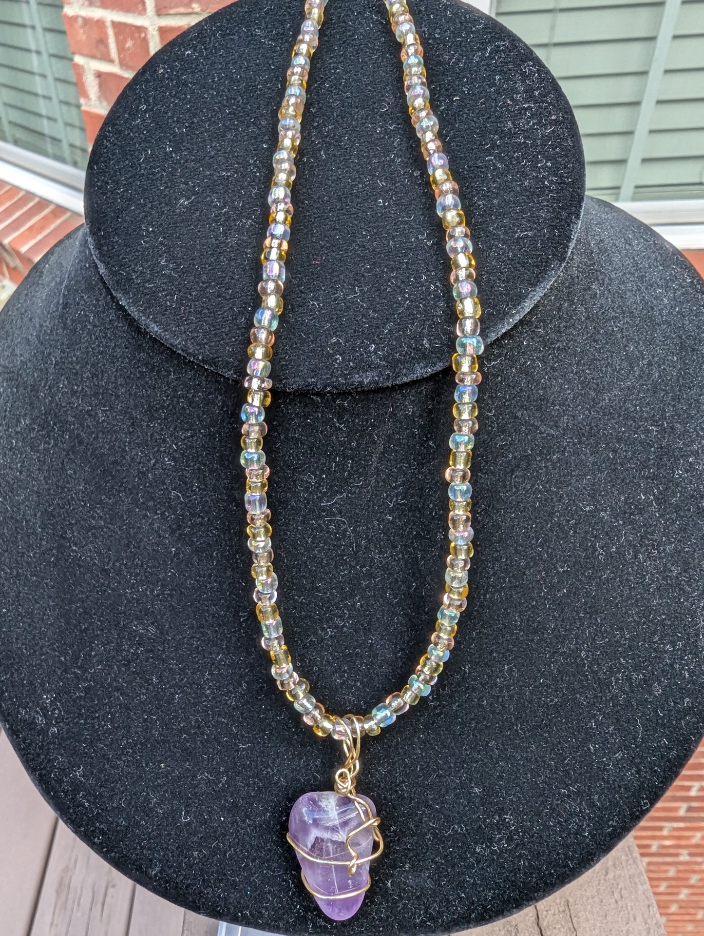 Golden Wire-wrapped Amethyst Pendant on Beaded Choker Necklace