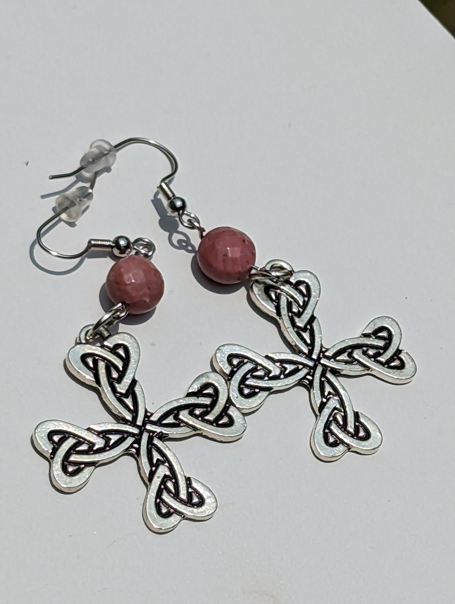 Celtic Cross Earrings with Faceted Pink Rhodonite Beads