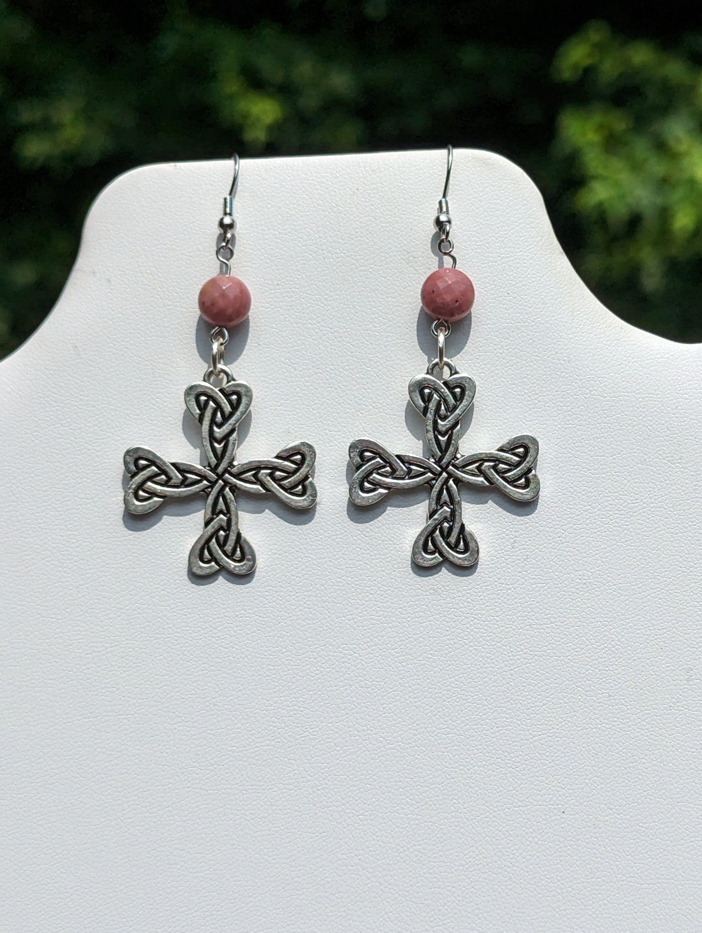 Celtic Cross Earrings with Faceted Pink Rhodonite Beads