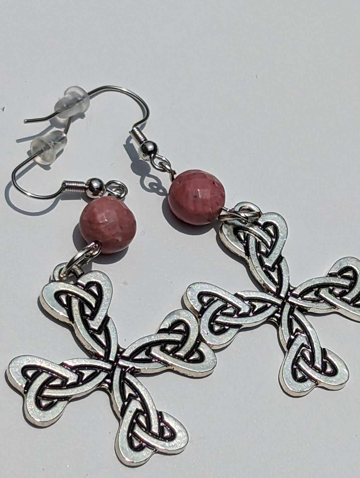 Celtic Cross Earrings with Faceted Pink Rhodonite Beads