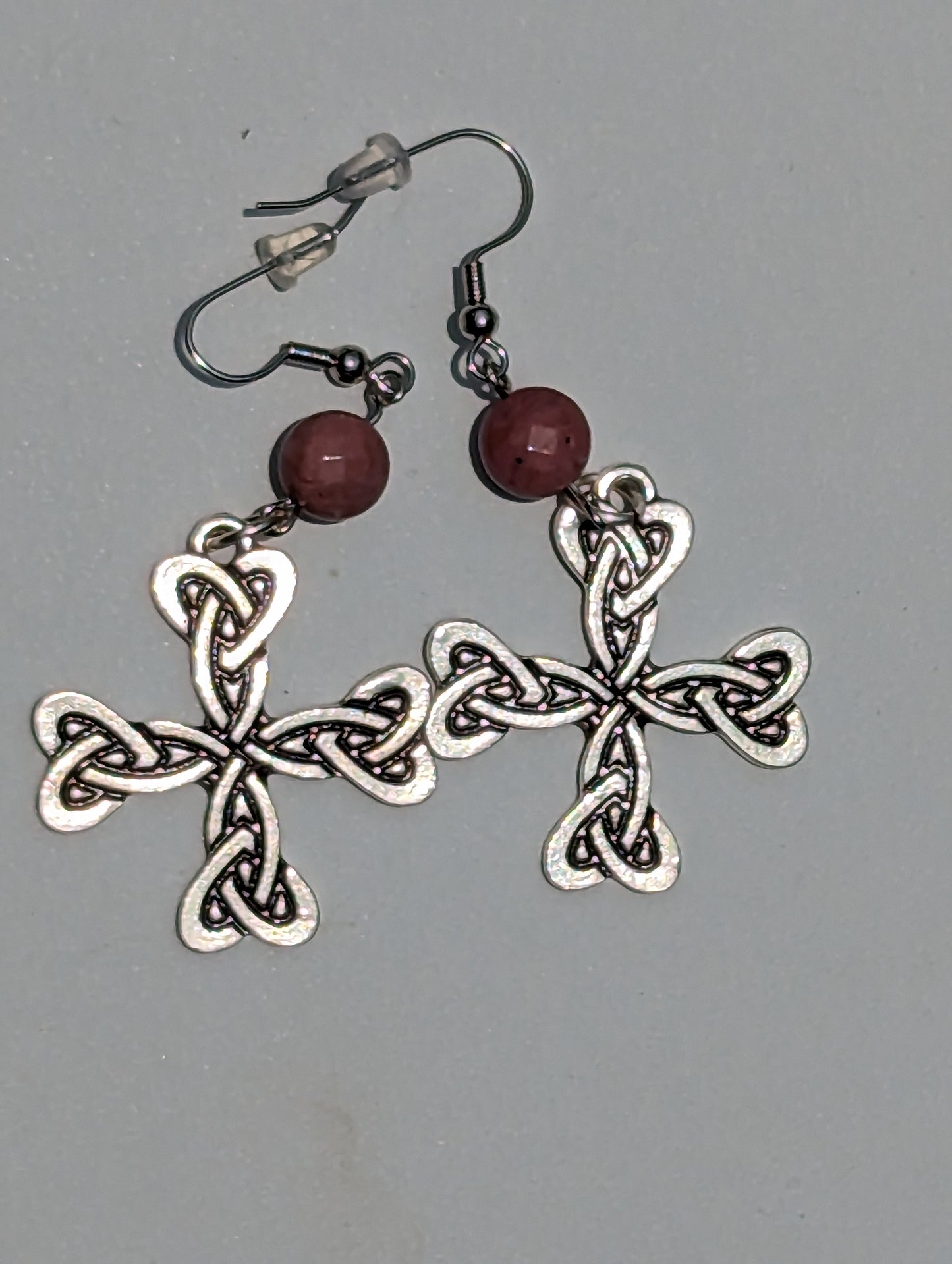 Celtic Cross Earrings with Faceted Pink Rhodonite Beads