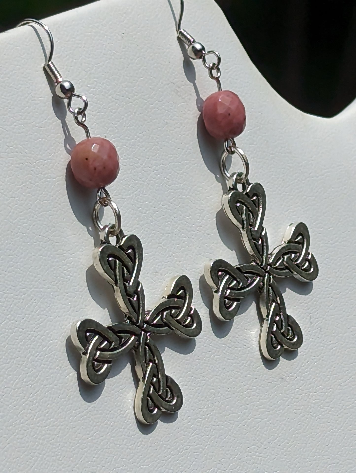 Celtic Cross Earrings with Faceted Pink Rhodonite Beads