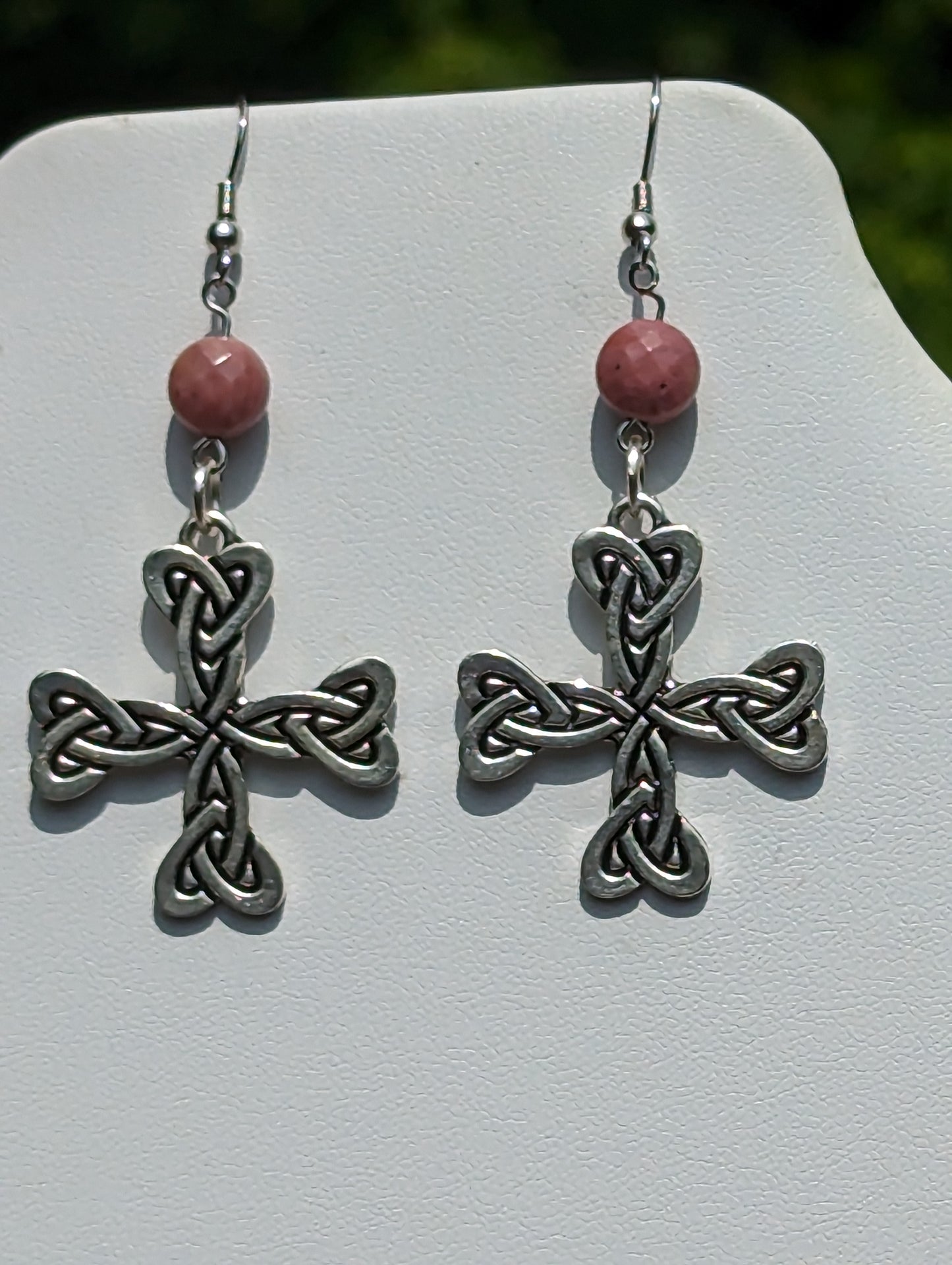Celtic Cross Earrings with Faceted Pink Rhodonite Beads