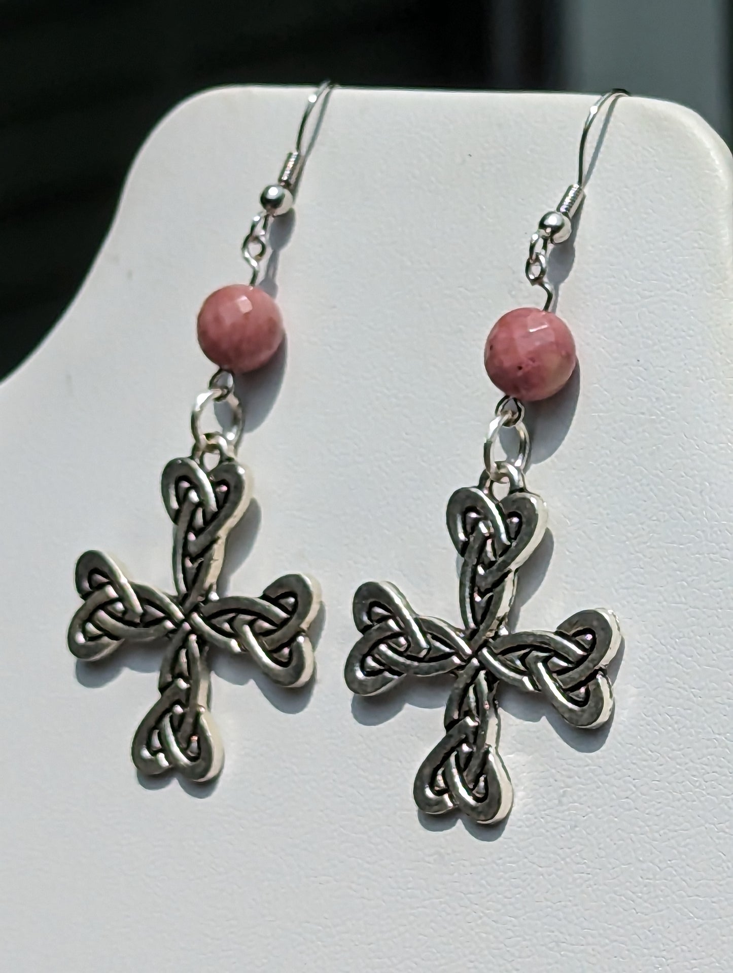 Celtic Cross Earrings with Faceted Pink Rhodonite Beads