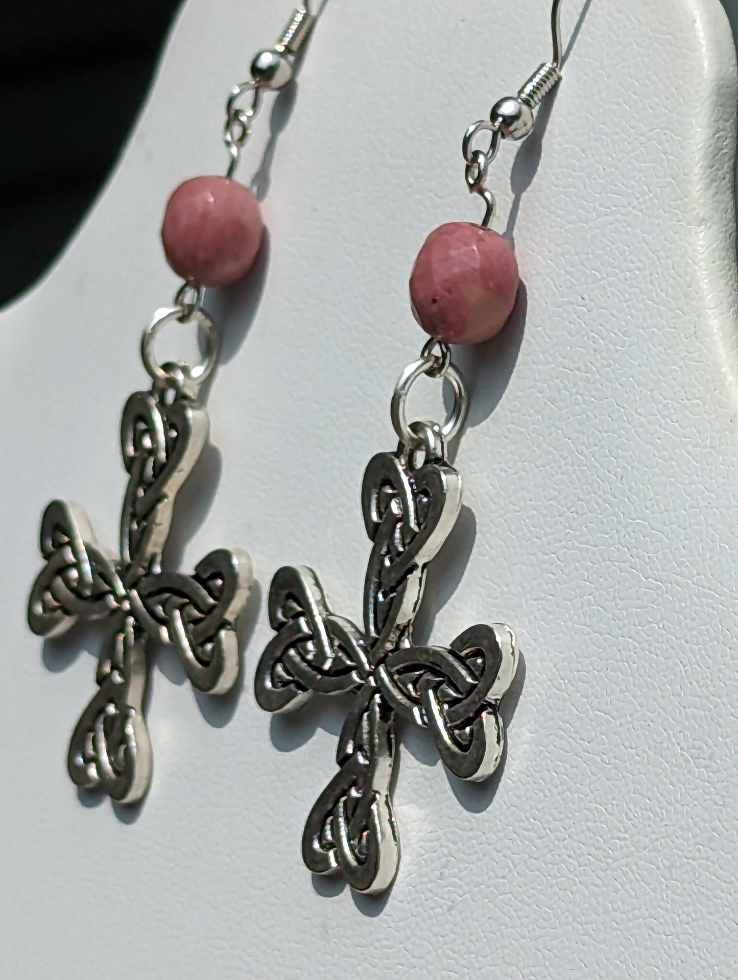 Celtic Cross Earrings with Faceted Pink Rhodonite Beads