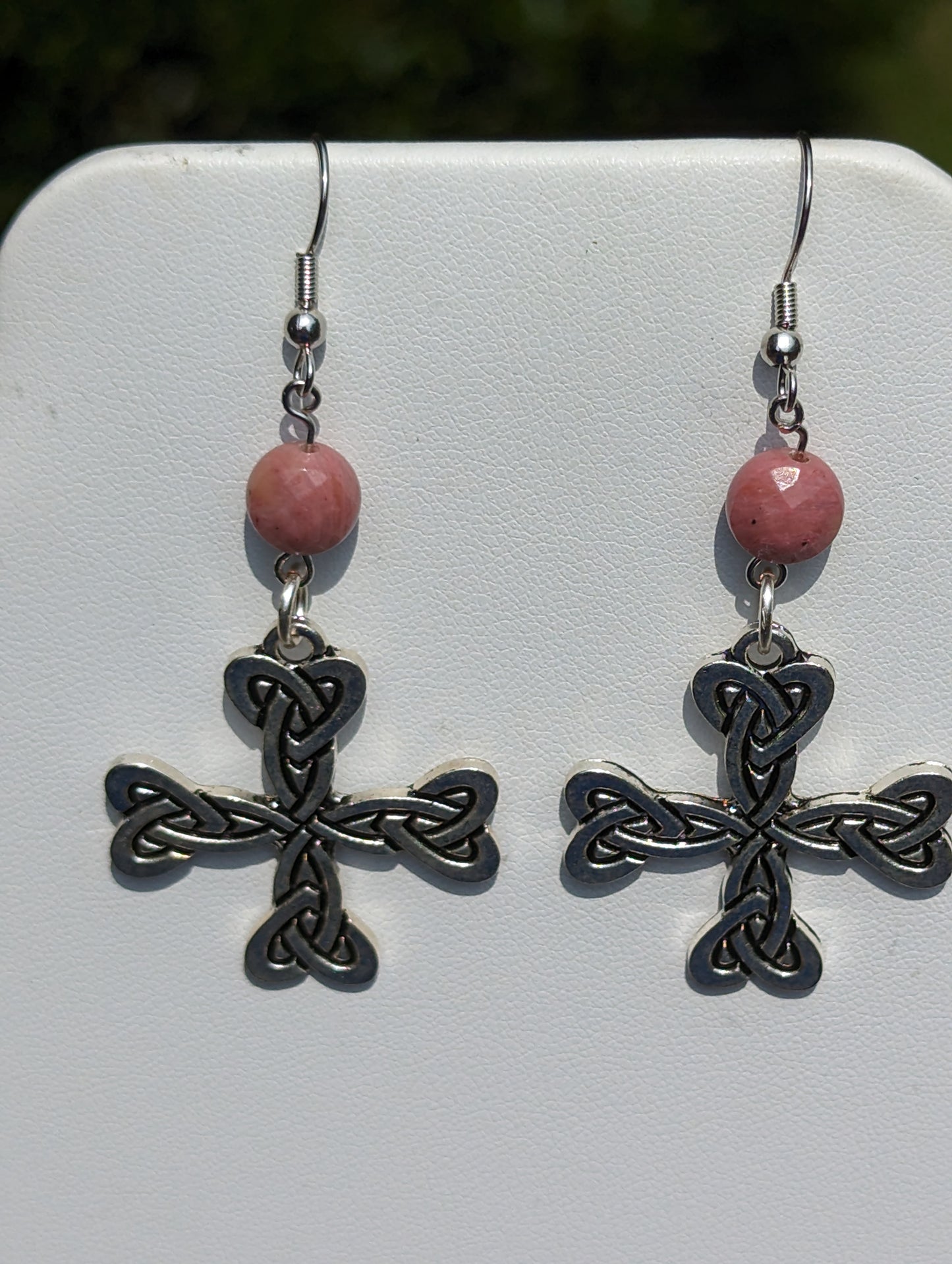 Celtic Cross Earrings with Pink Rhodonite Beads