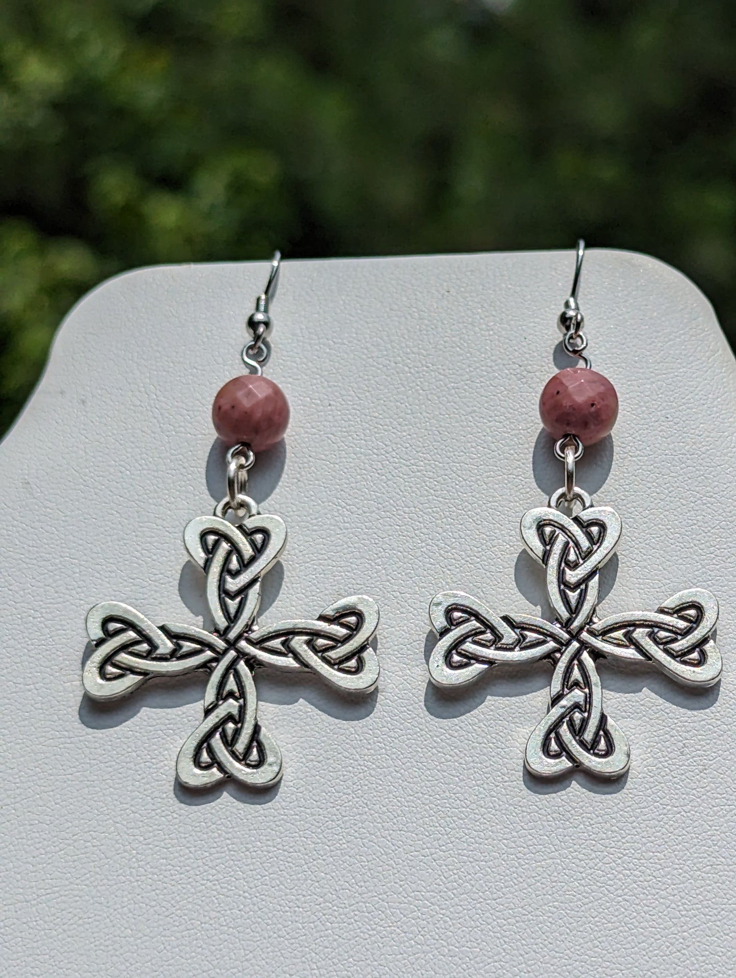 Celtic Cross Earrings with Faceted Pink Rhodonite Beads