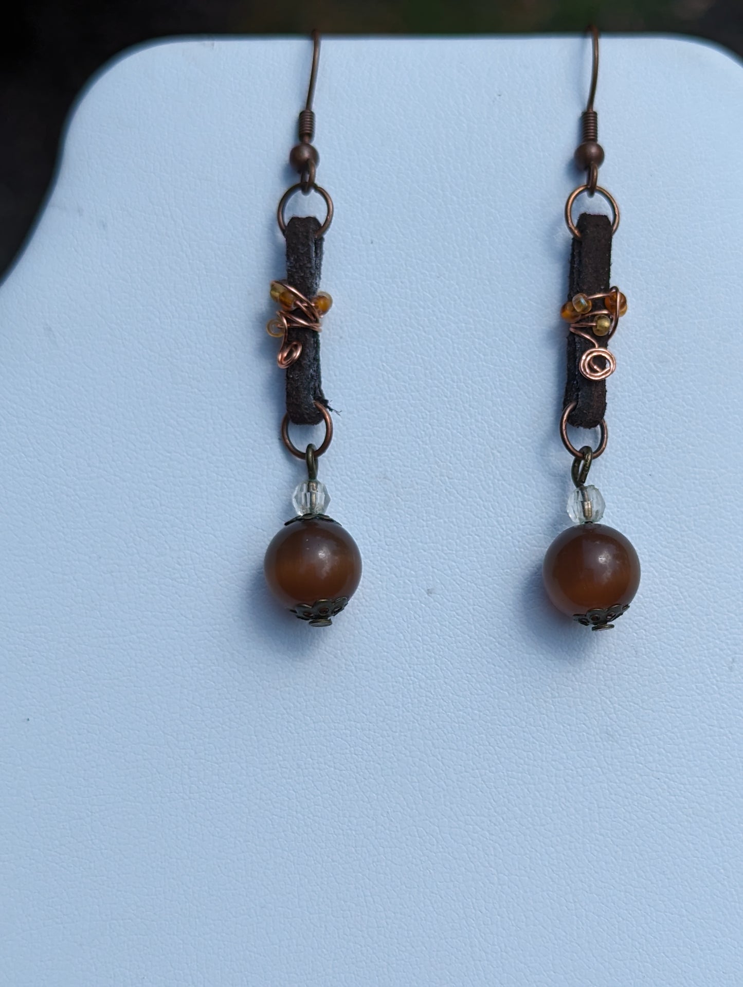 Brown Cat's Eye Earrings on Wire-wrapped Leather Band