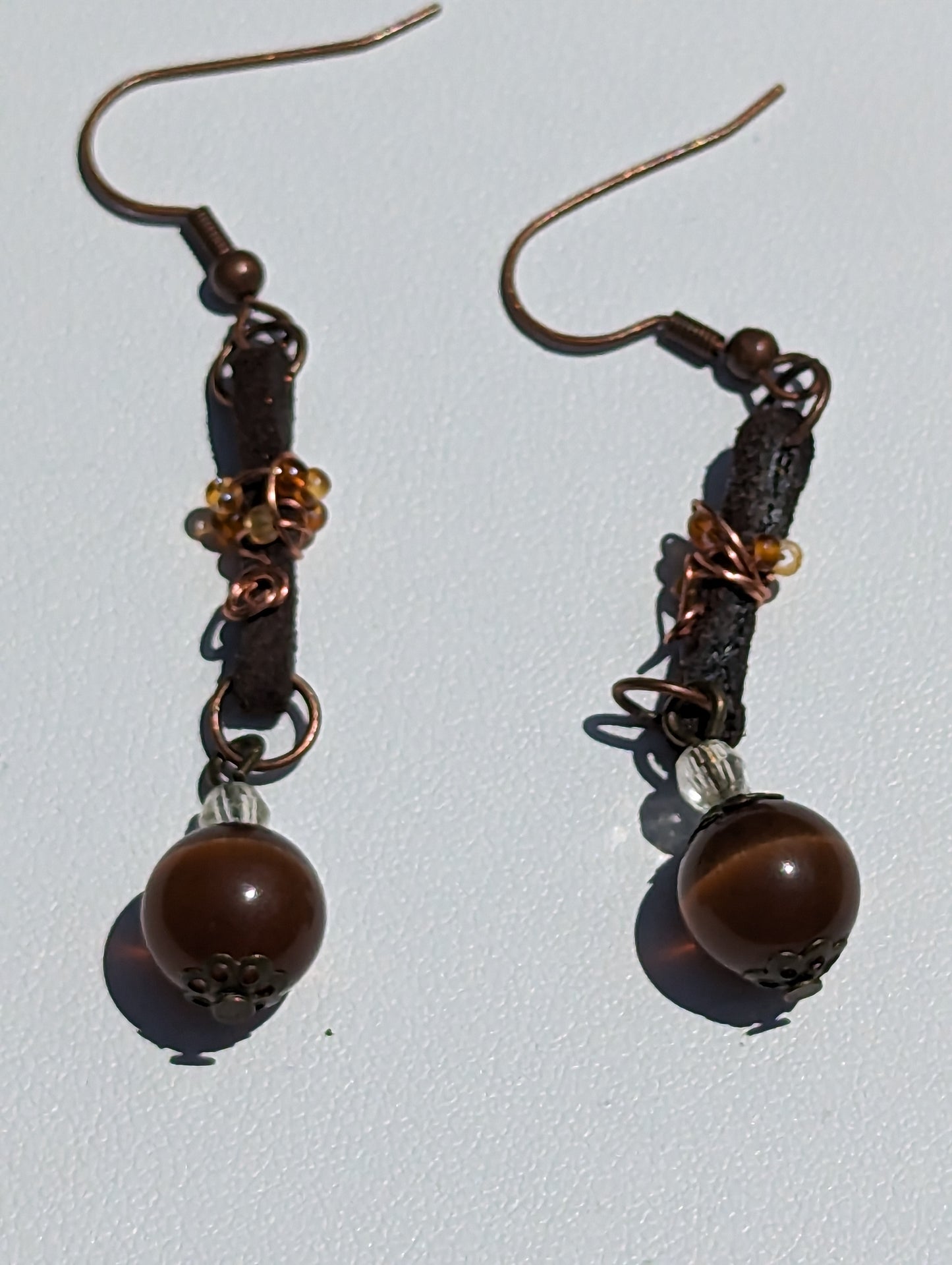 Brown Cat's Eye Earrings on Wire-wrapped Leather Band