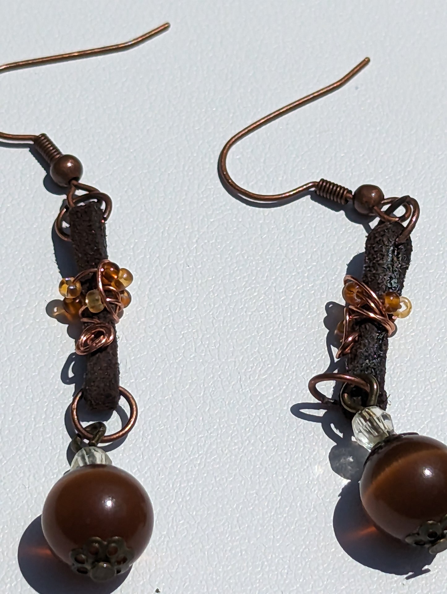 Brown Cat's Eye Earrings on Wire-wrapped Leather Band