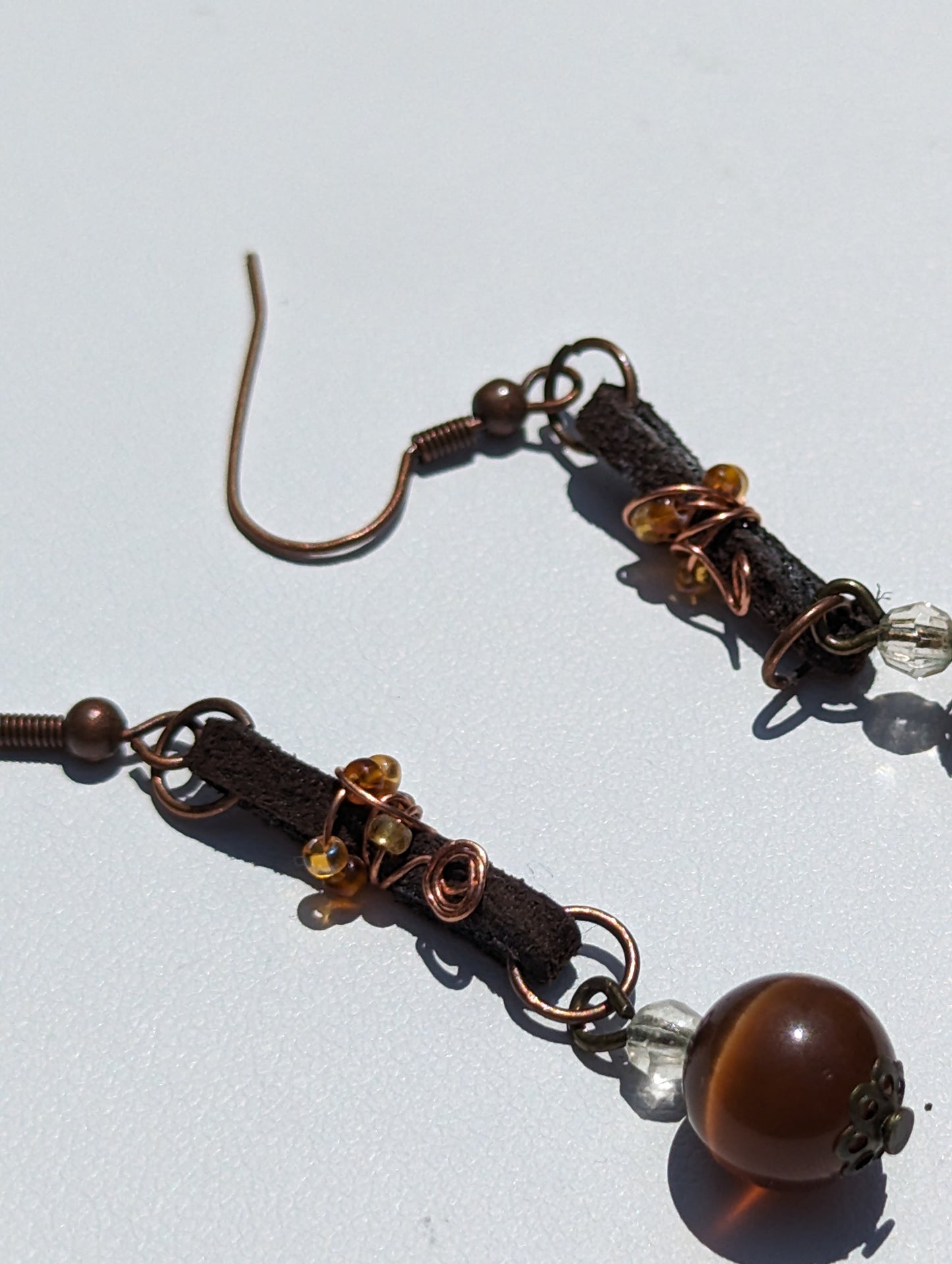 Brown Cat's Eye Earrings on Wire-wrapped Leather Band
