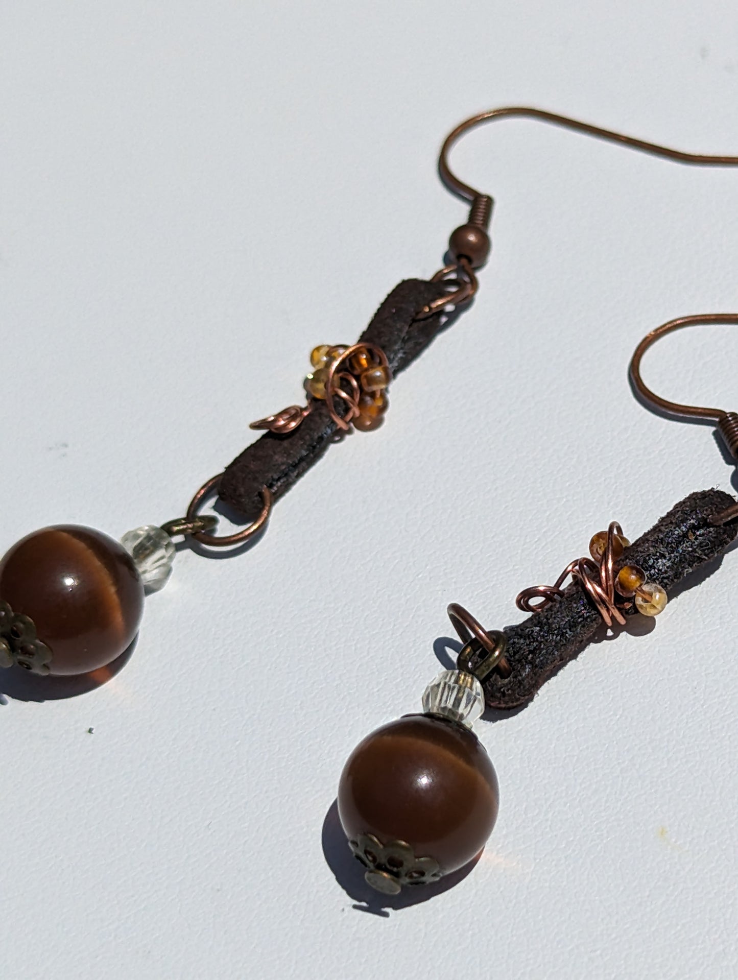 Brown Cat's Eye Earrings on Wire-wrapped Leather Band