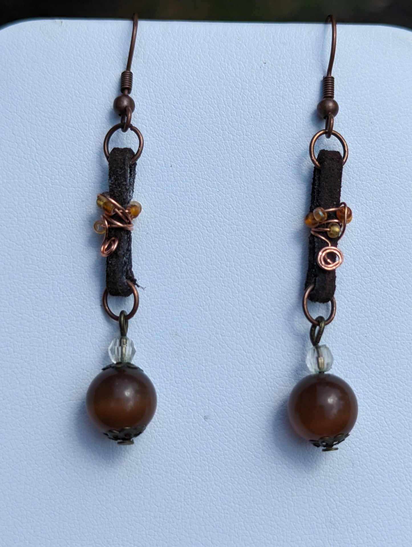 Brown Cat's Eye Earrings on Wire-wrapped Leather Band