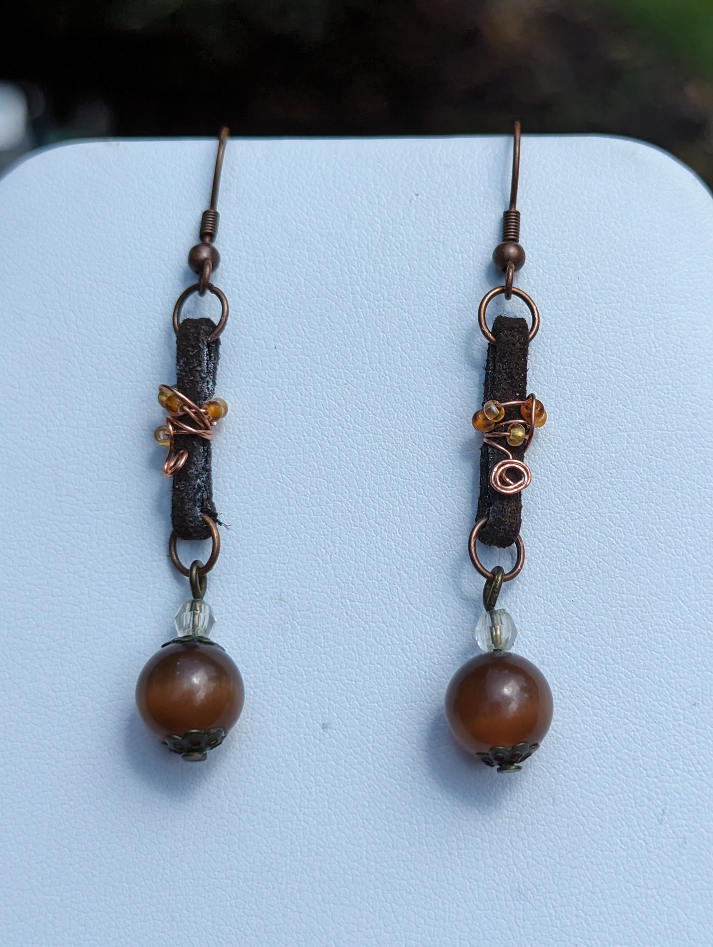 Brown Cat's Eye Earrings on Wire-wrapped Leather Band