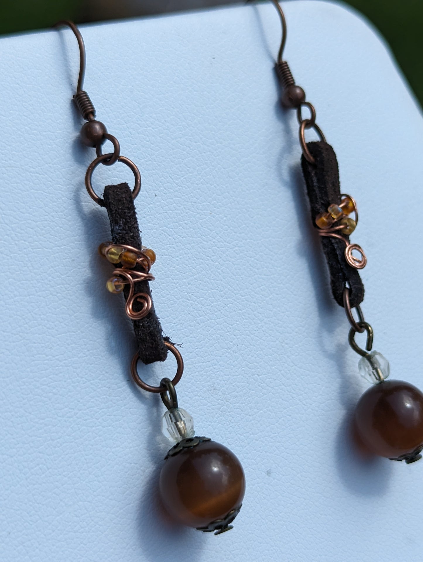 Brown Cat's Eye Earrings on Wire-wrapped Leather Band