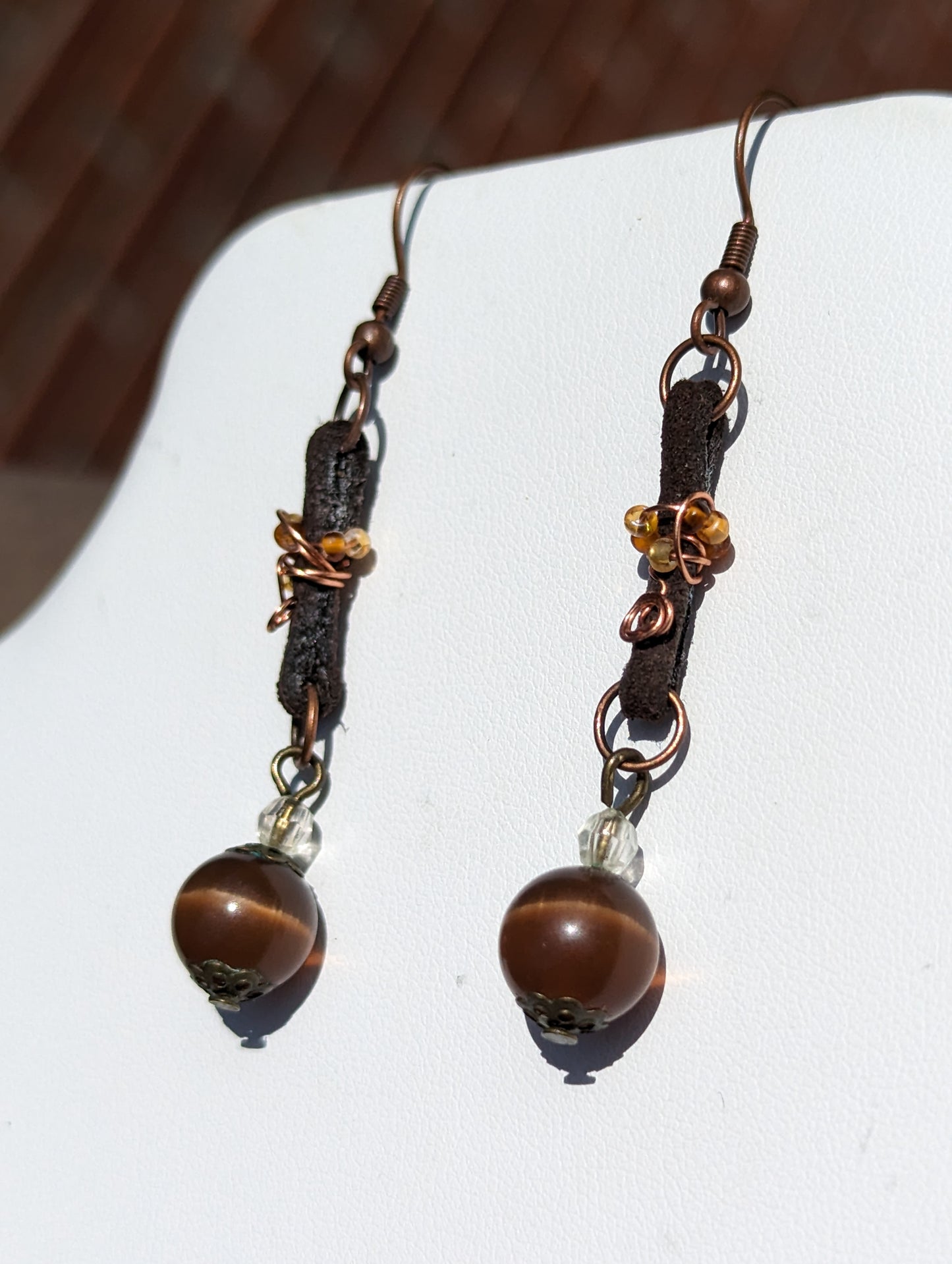 Brown Cat's Eye Earrings on Wire-wrapped Leather Band