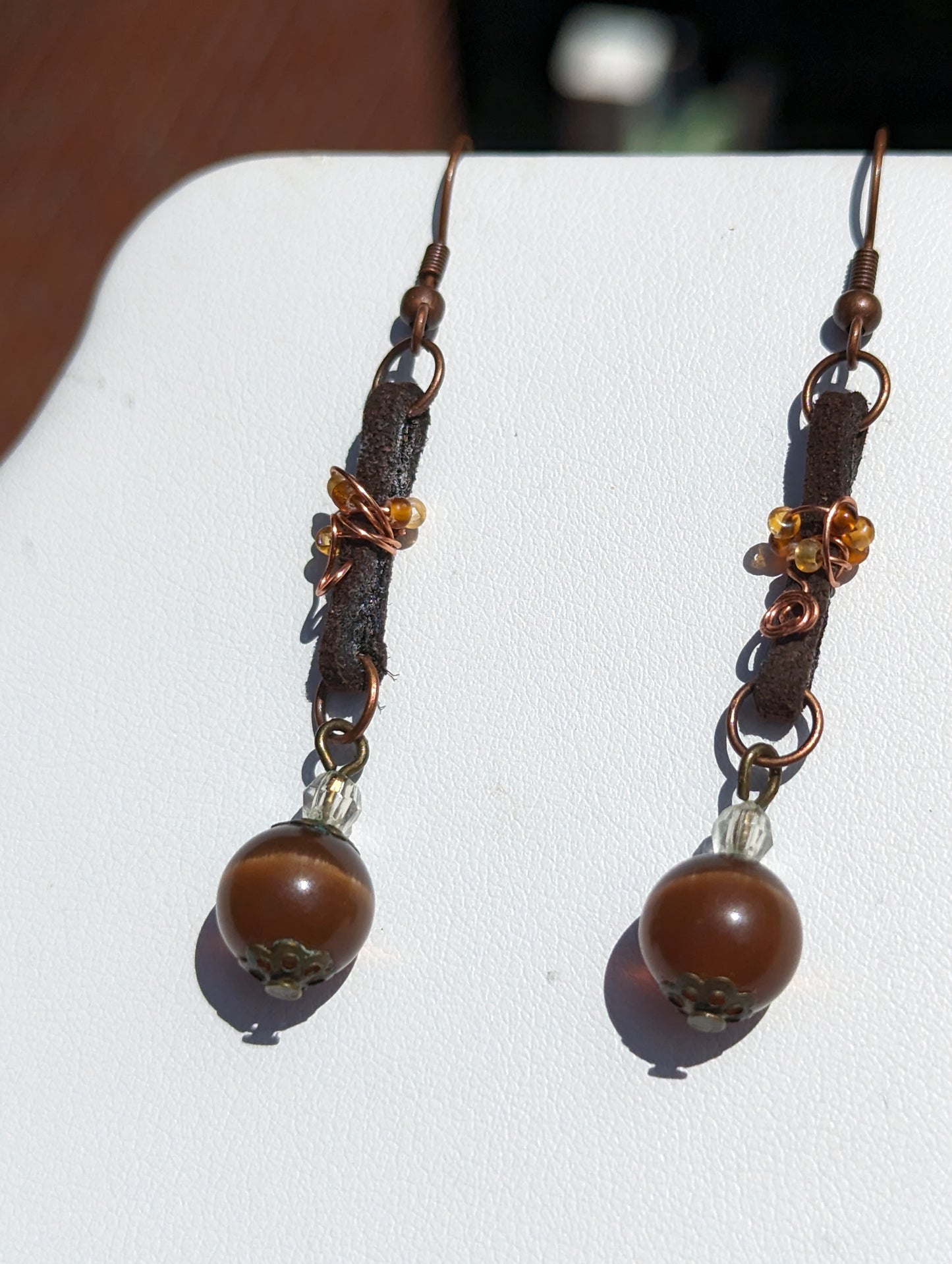 Brown Cat's Eye Earrings on Wire-wrapped Leather Band