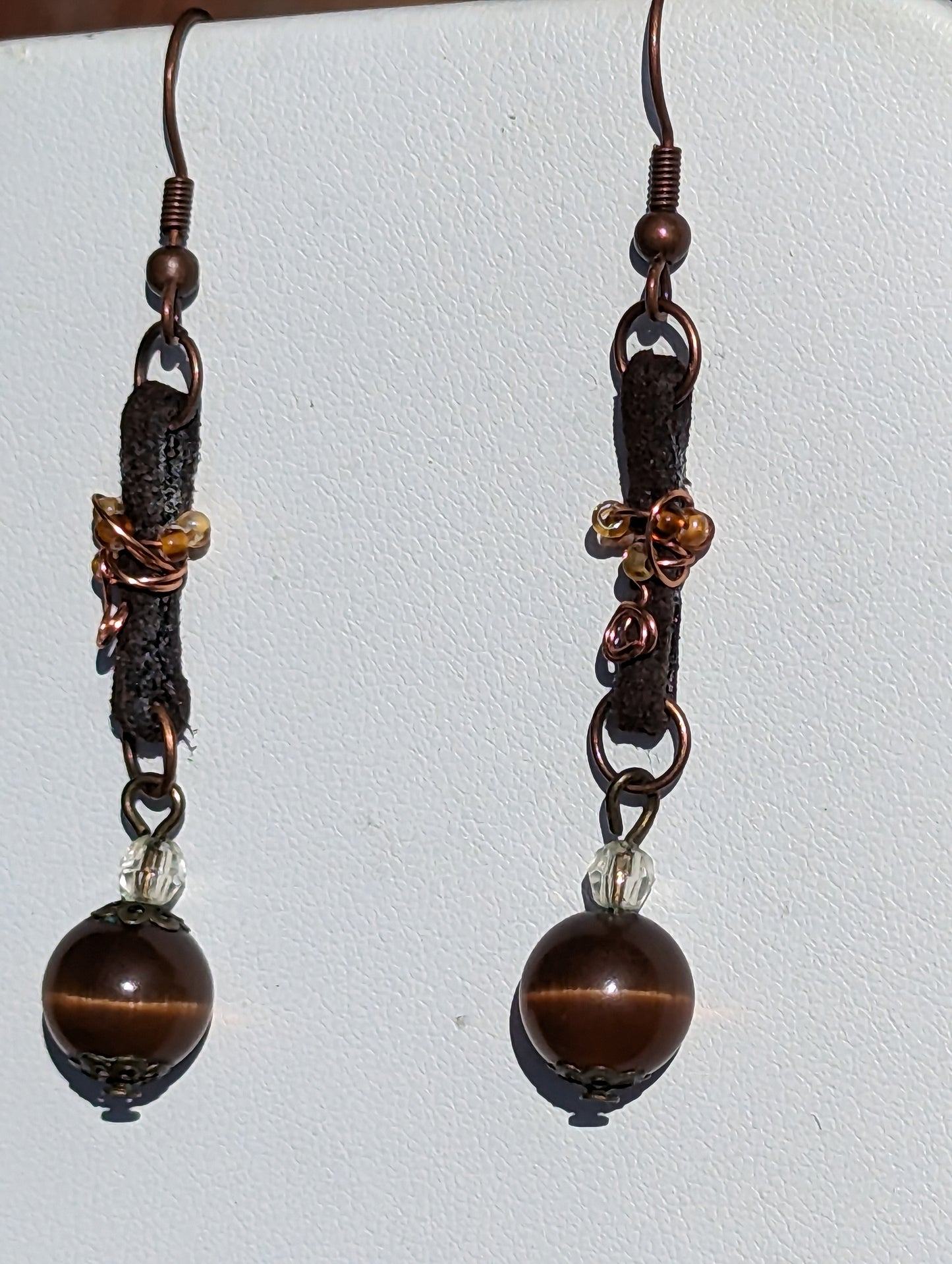 Brown Cat's Eye Earrings on Wire-wrapped Leather Band