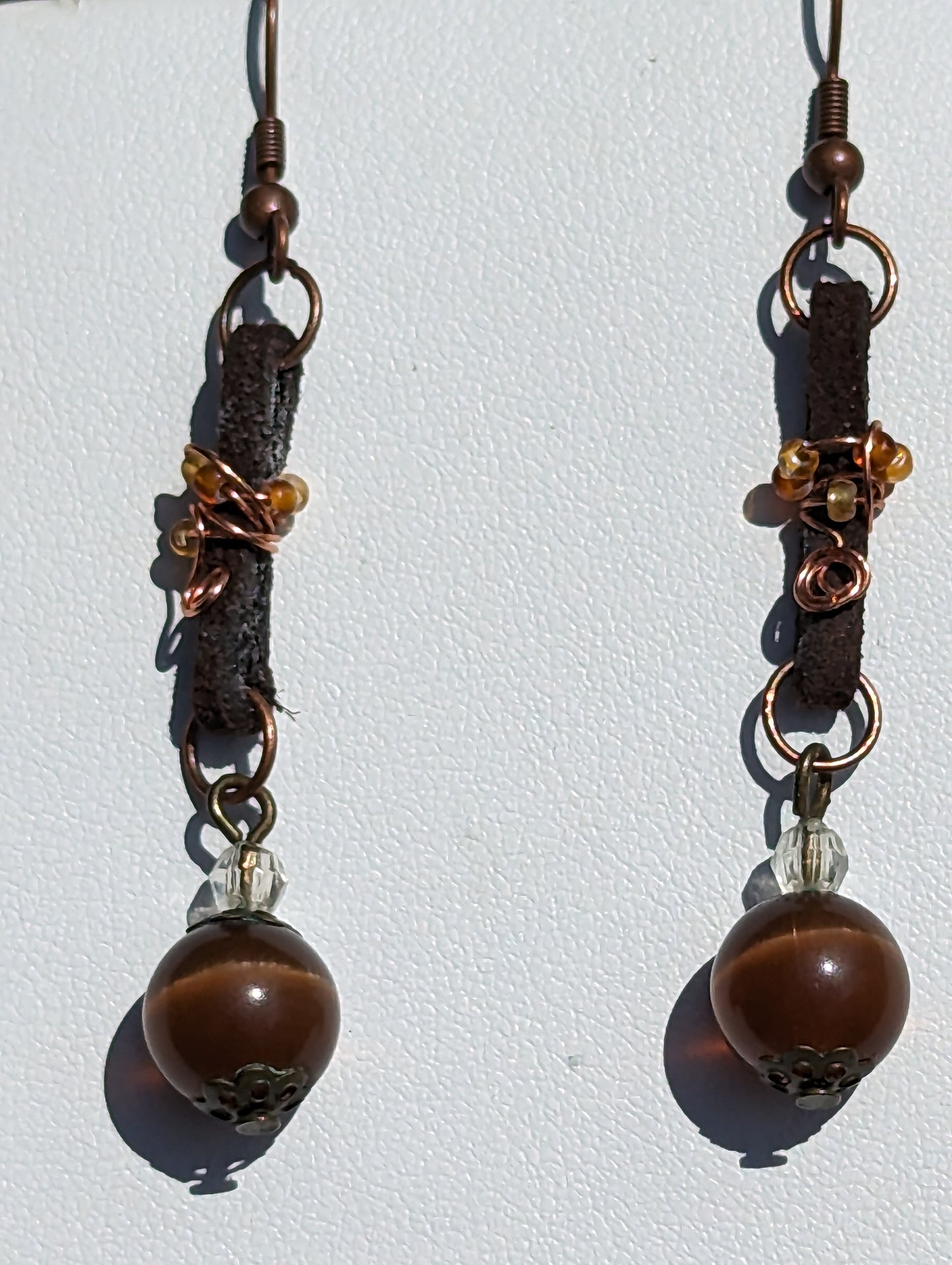 Brown Cat's Eye Earrings on Wire-wrapped Leather Band