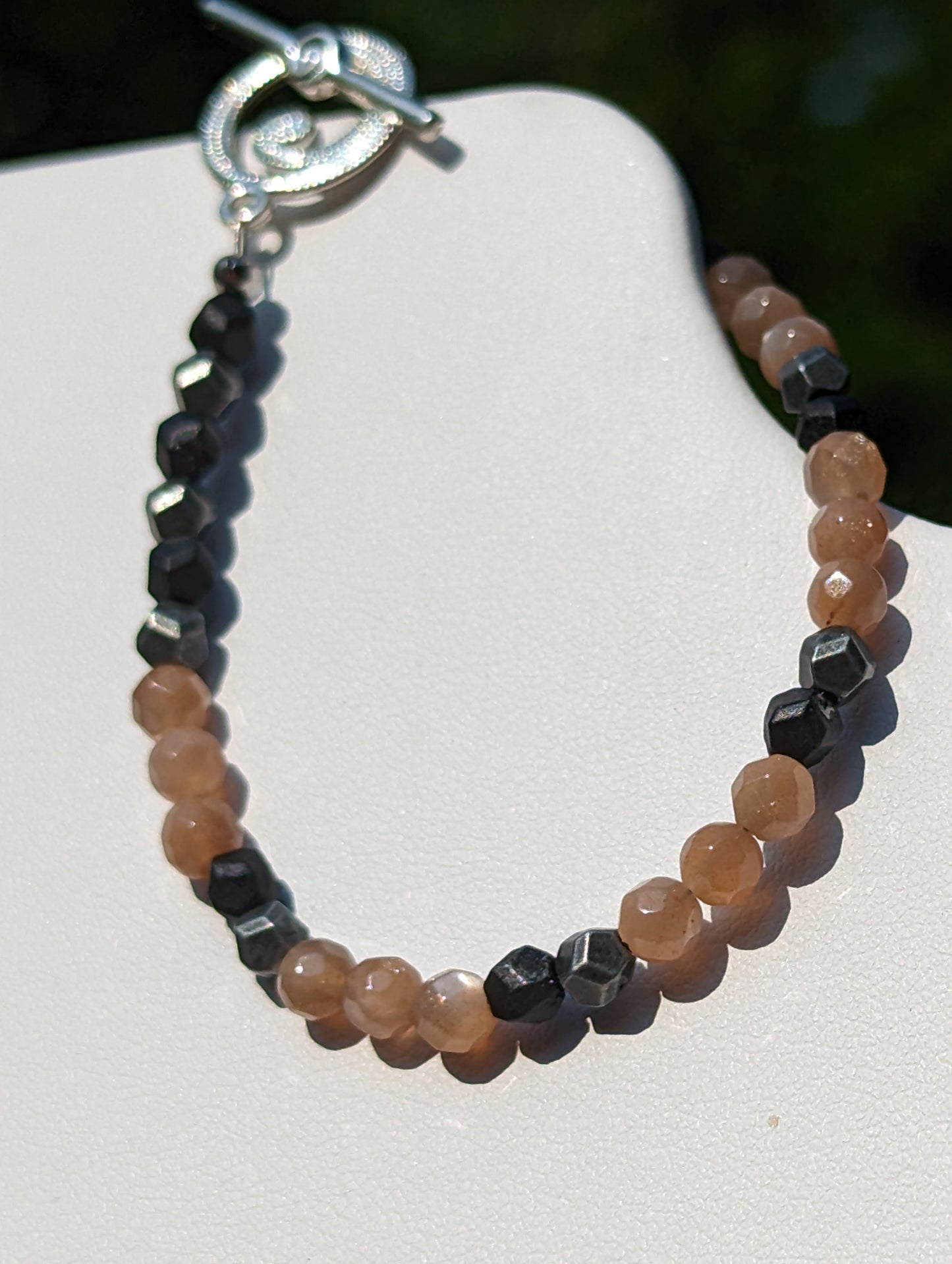 Sunstone and Charcoal-colored Beaded Bracelet with Toggle Clasp