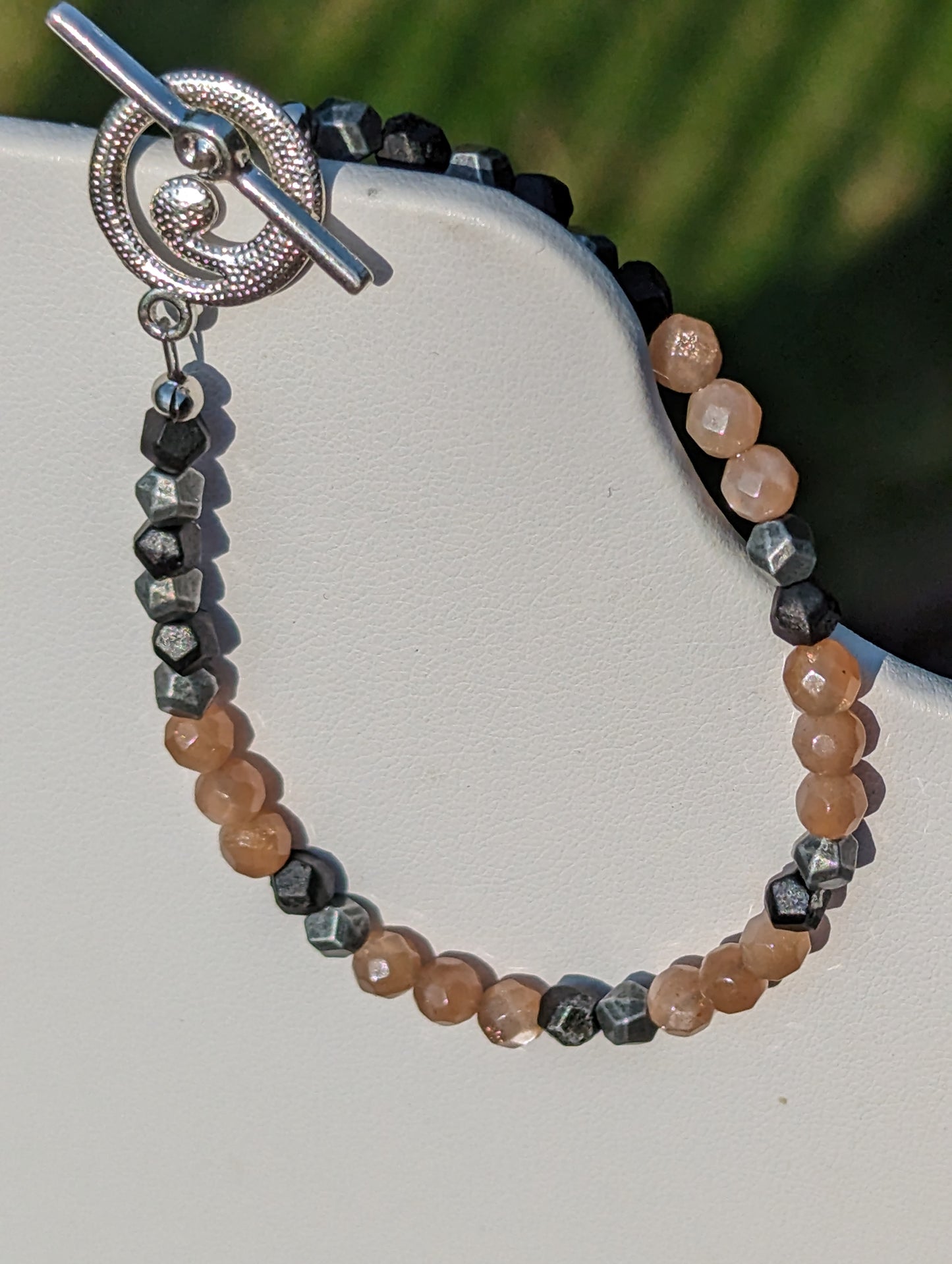 Sunstone and Charcoal-colored Beaded Bracelet with Toggle Clasp