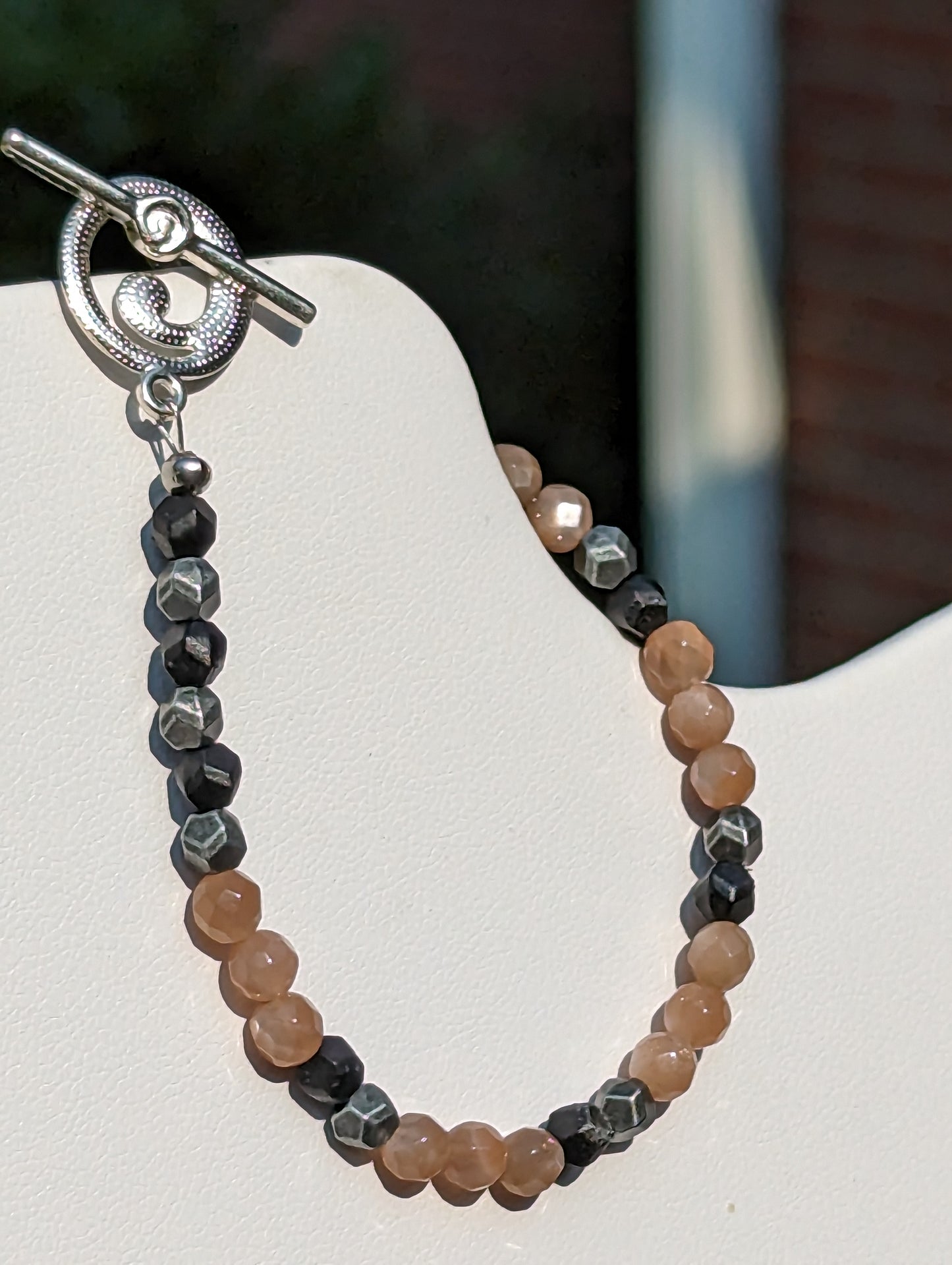 Sunstone and Charcoal-colored Beaded Bracelet with Toggle Clasp