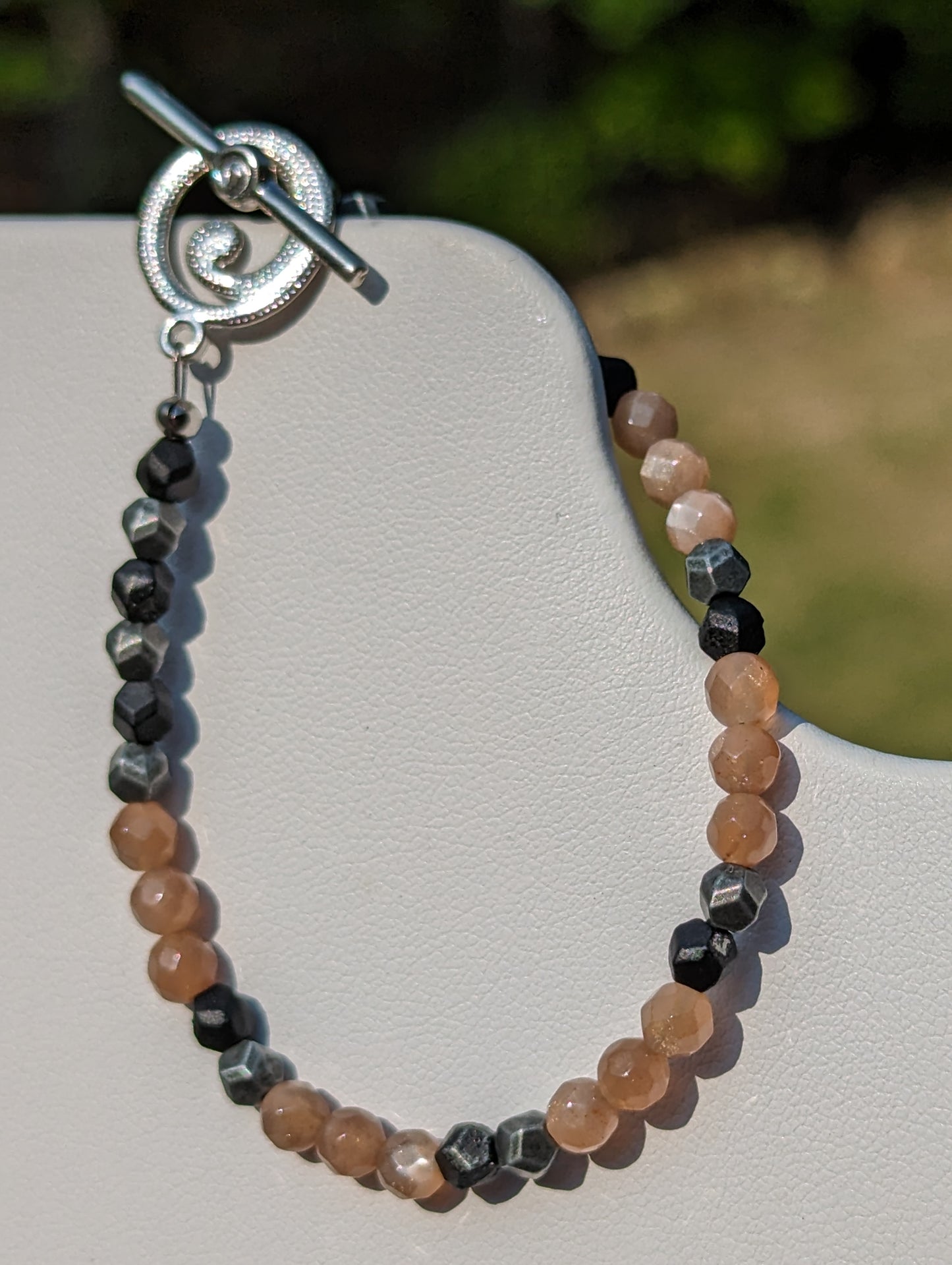 Sunstone and Charcoal-colored Beaded Bracelet with Toggle Clasp