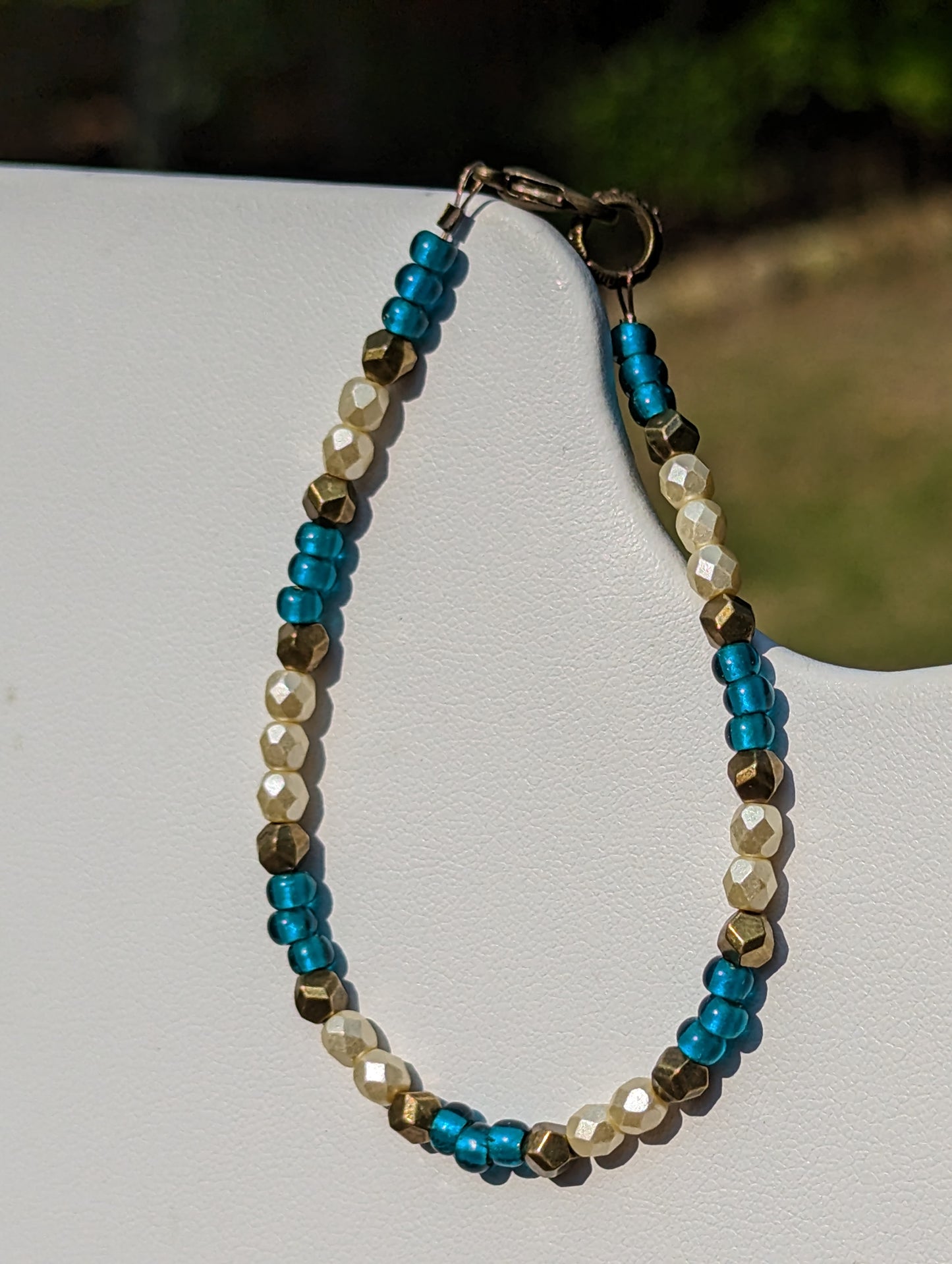 Bracelet with Teal, Pearlesque, and Brass Beads