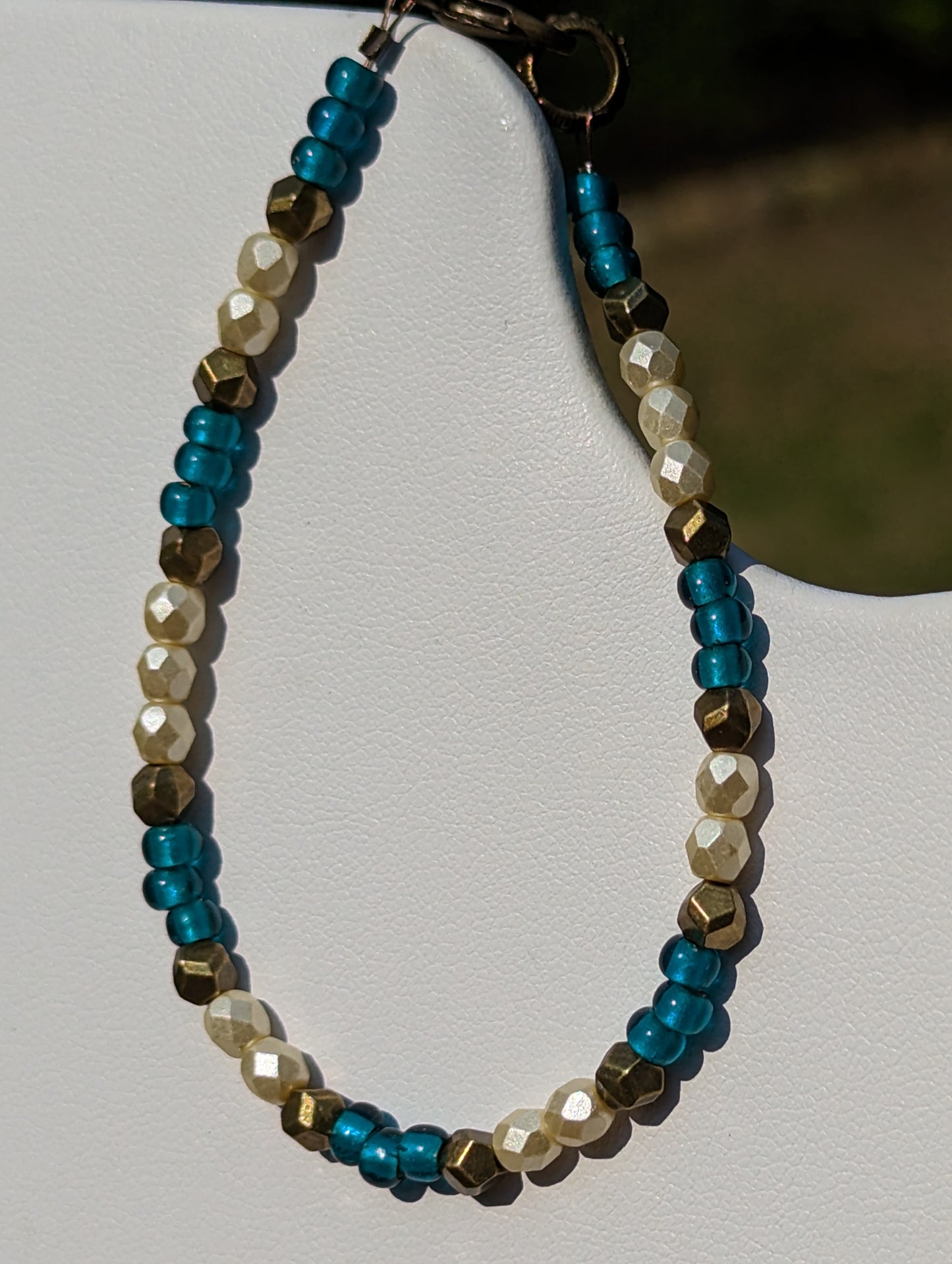 Bracelet with Teal, Pearlesque, and Brass Beads