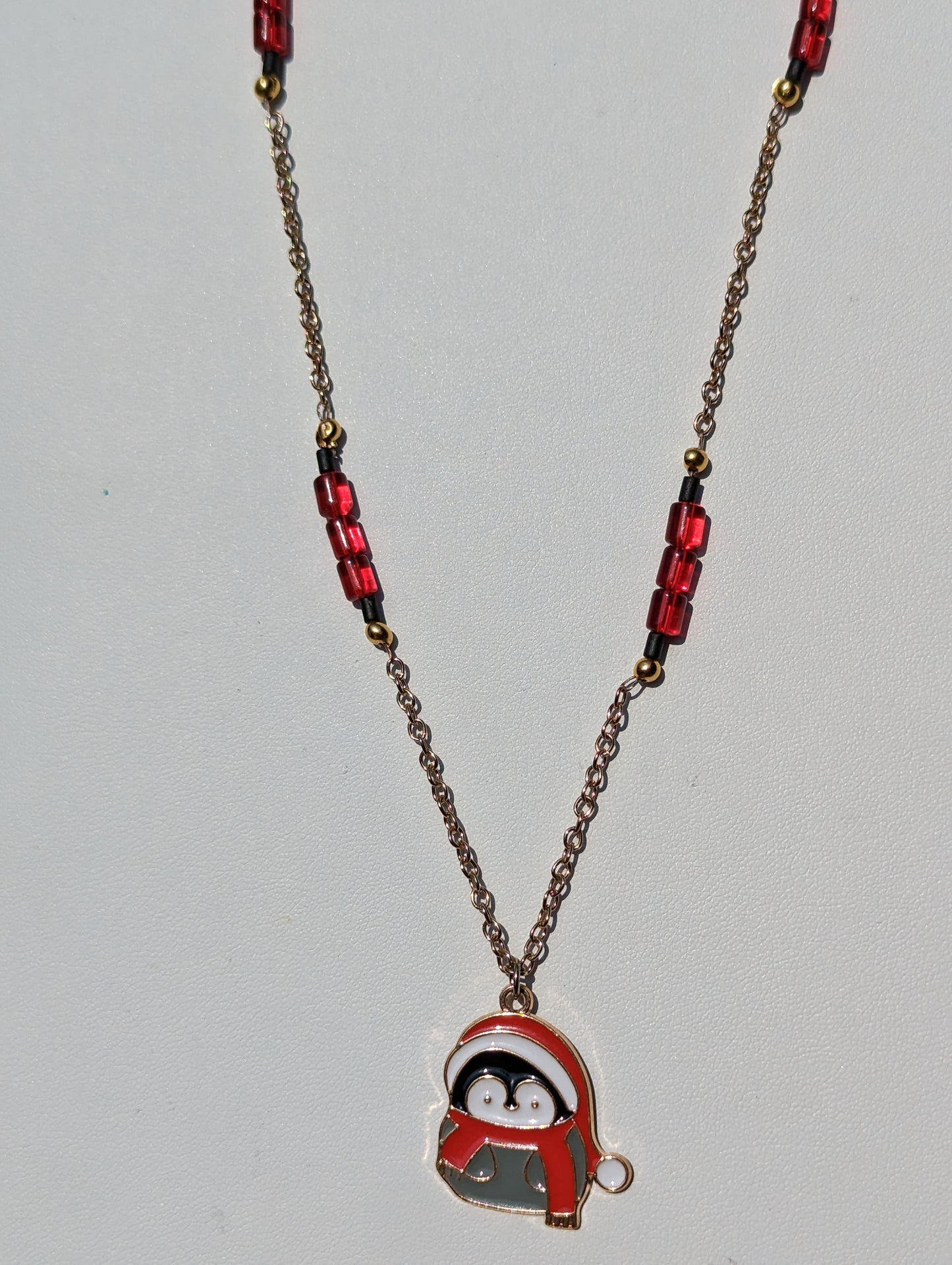 Santa Penguin Charm on Gold-tone Necklace