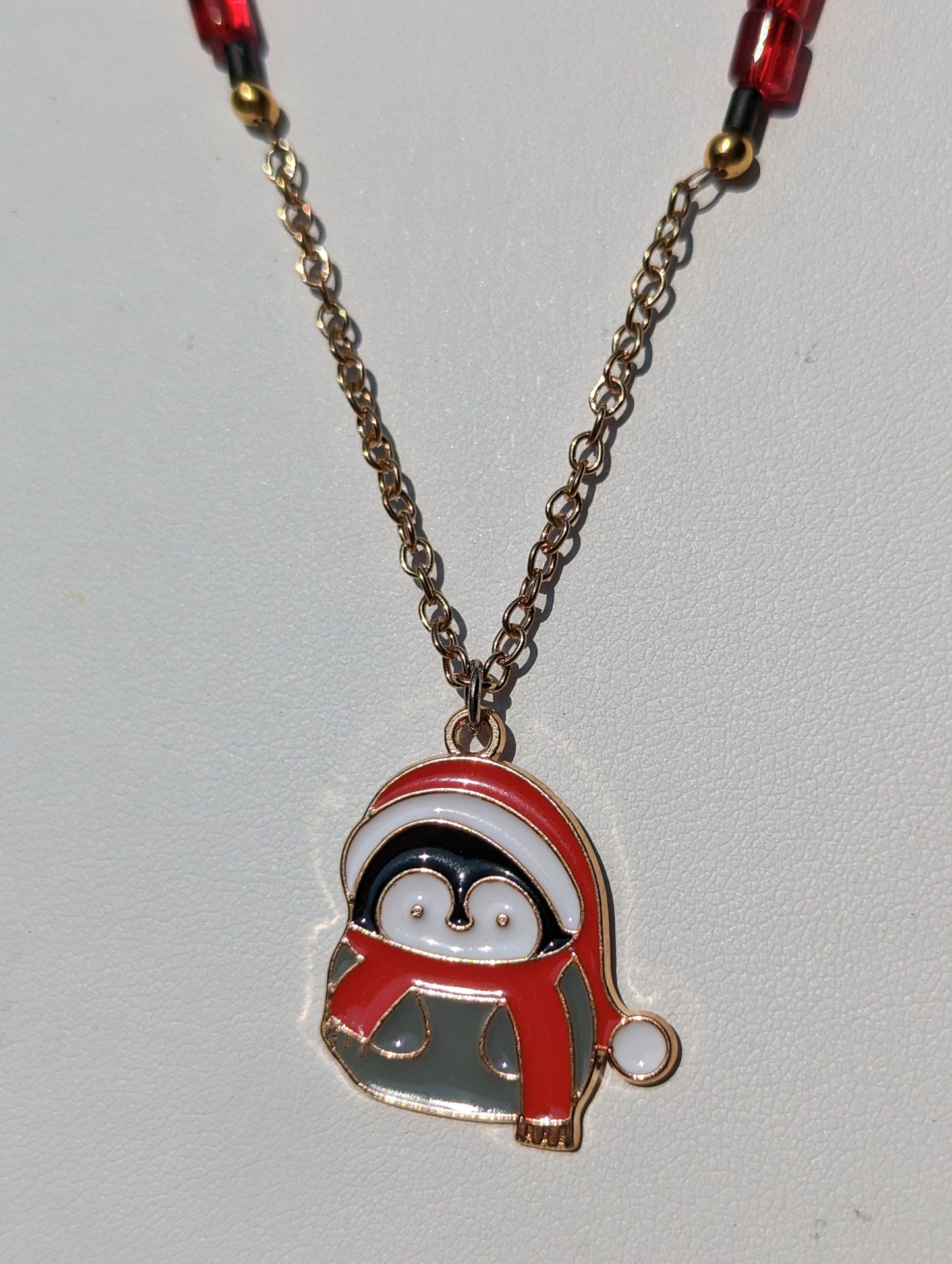 Santa Penguin Charm on Gold-tone Necklace