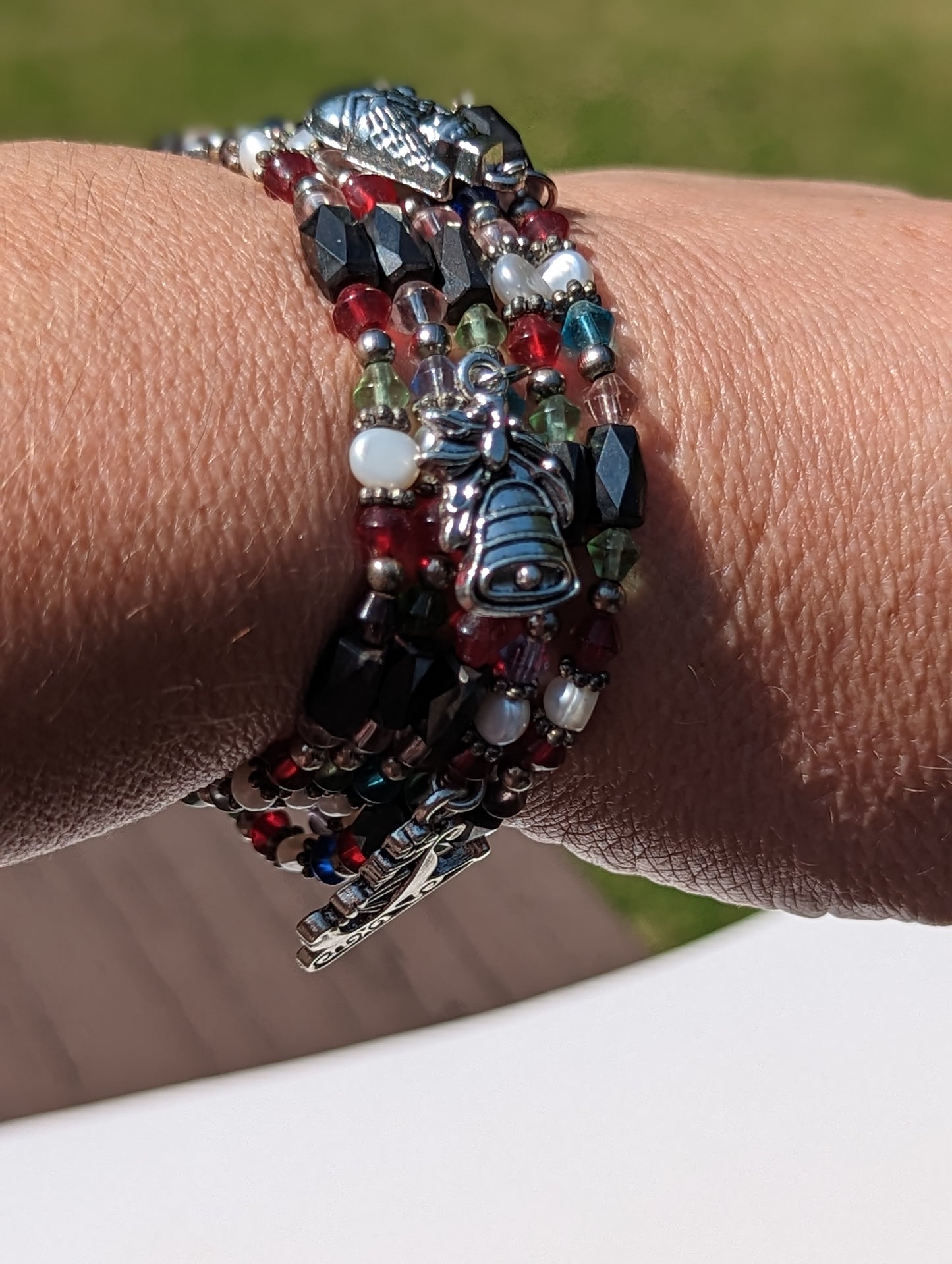 Magnetic Hematite and Bead Adjustable Wrap Bracelet with Christmas Charms