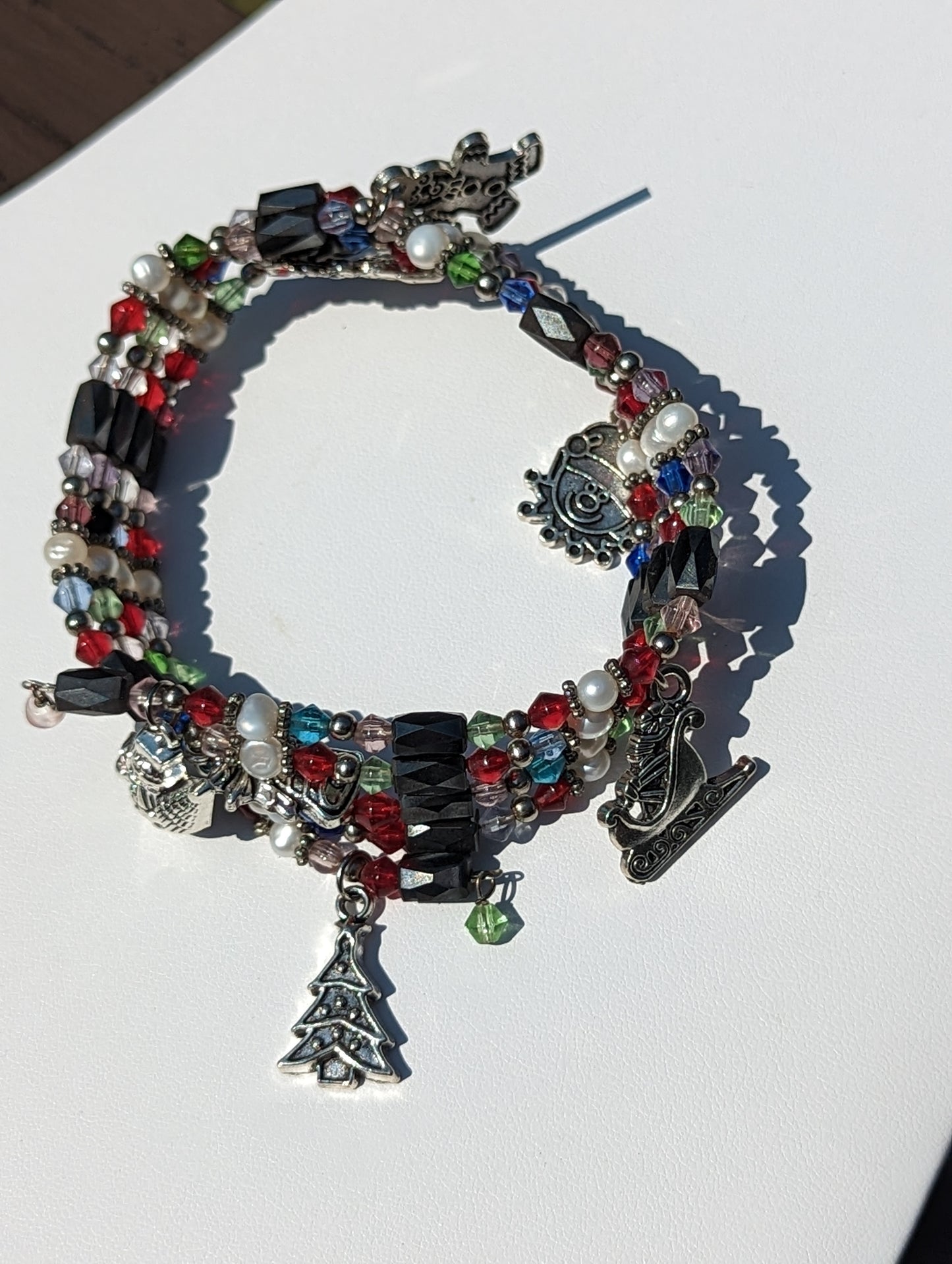 Magnetic Hematite and Bead Adjustable Wrap Bracelet with Christmas Charms