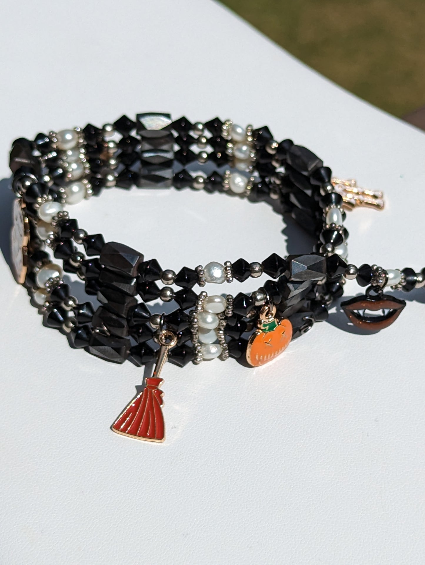 Magnetic Hematite and Bead Adjustable Wrap Bracelet with Halloween Charms