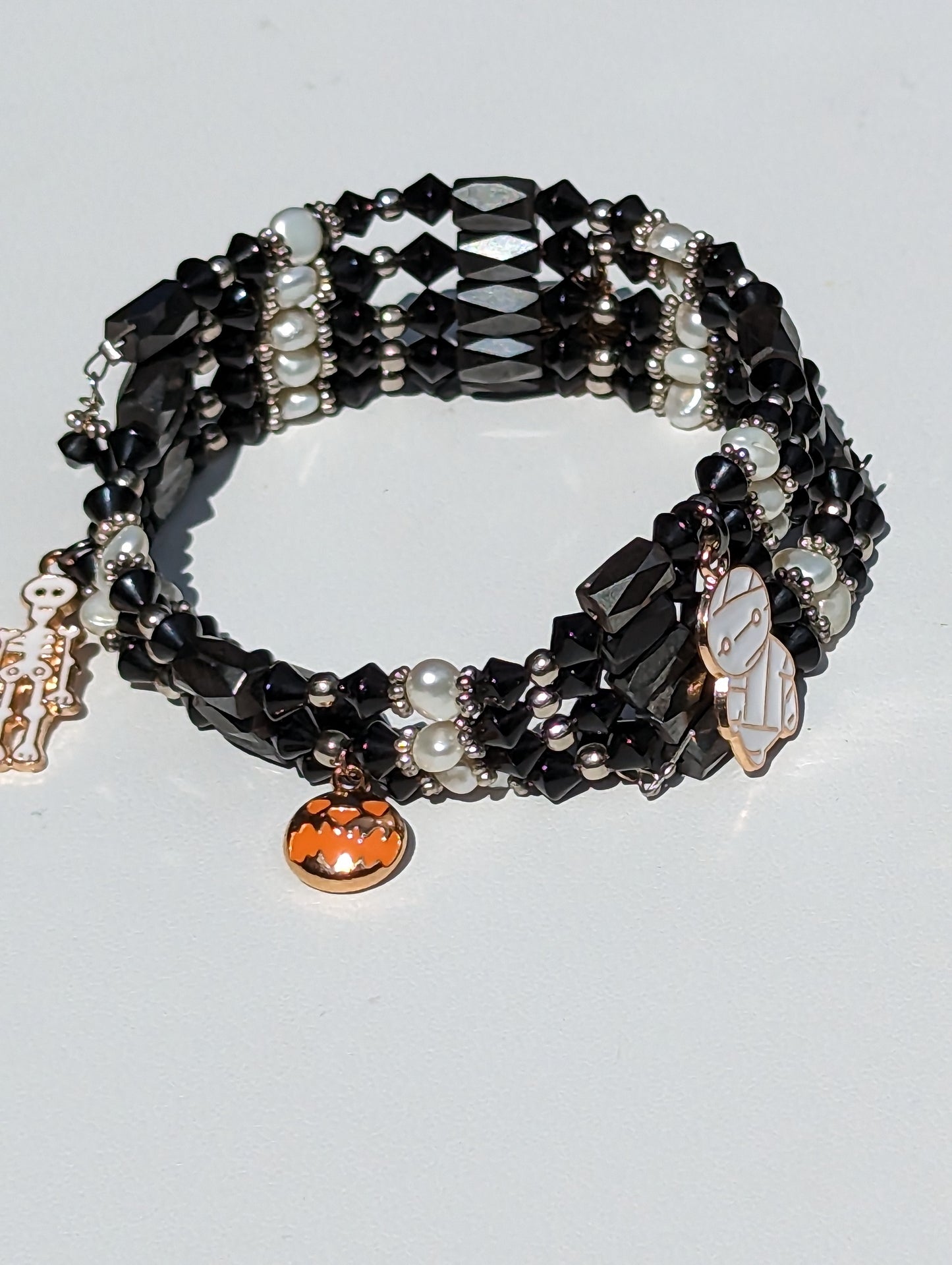 Magnetic Hematite and Bead Adjustable Wrap Bracelet (or Necklace) with Halloween Charms