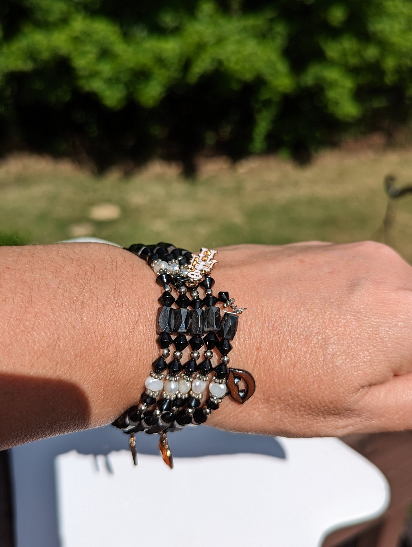 Magnetic Hematite and Bead Adjustable Wrap Bracelet with Halloween Charms