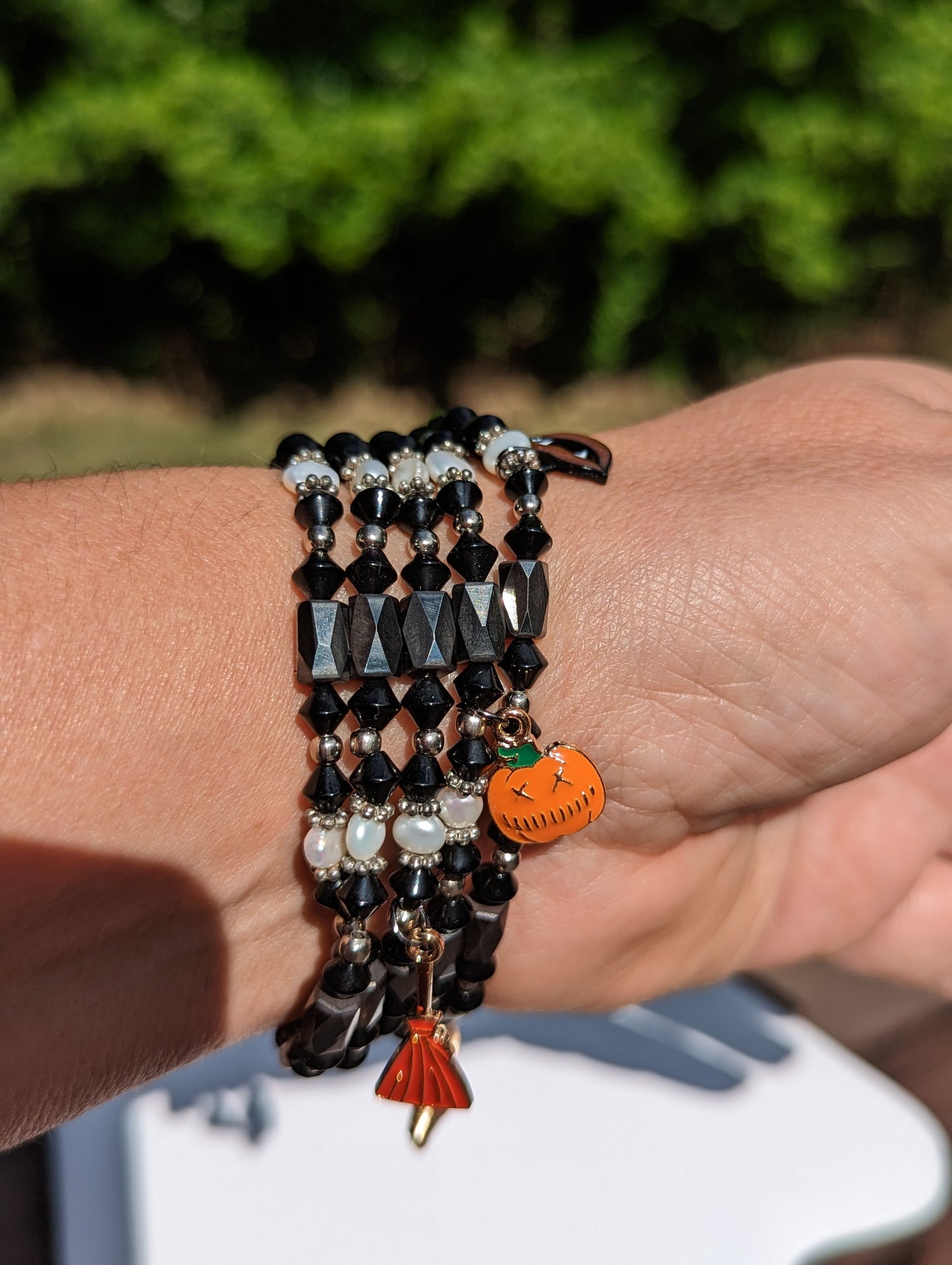 Magnetic Hematite and Bead Adjustable Wrap Bracelet with Halloween Charms