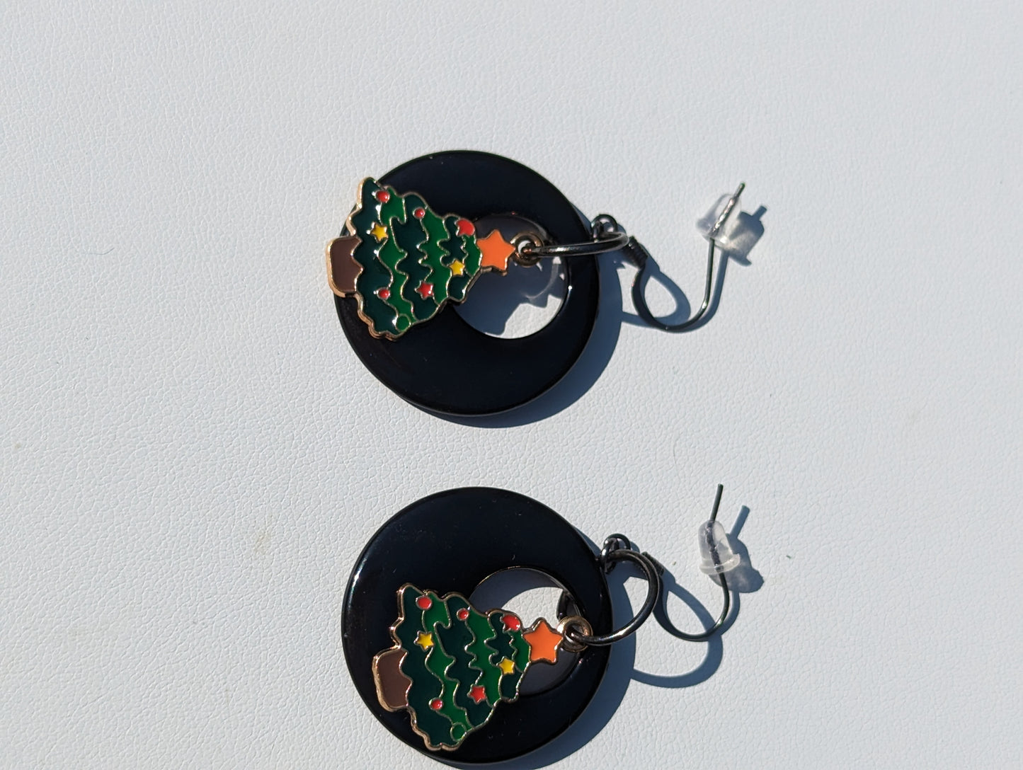 Black Disc Earrings with Christmas Tree Charm