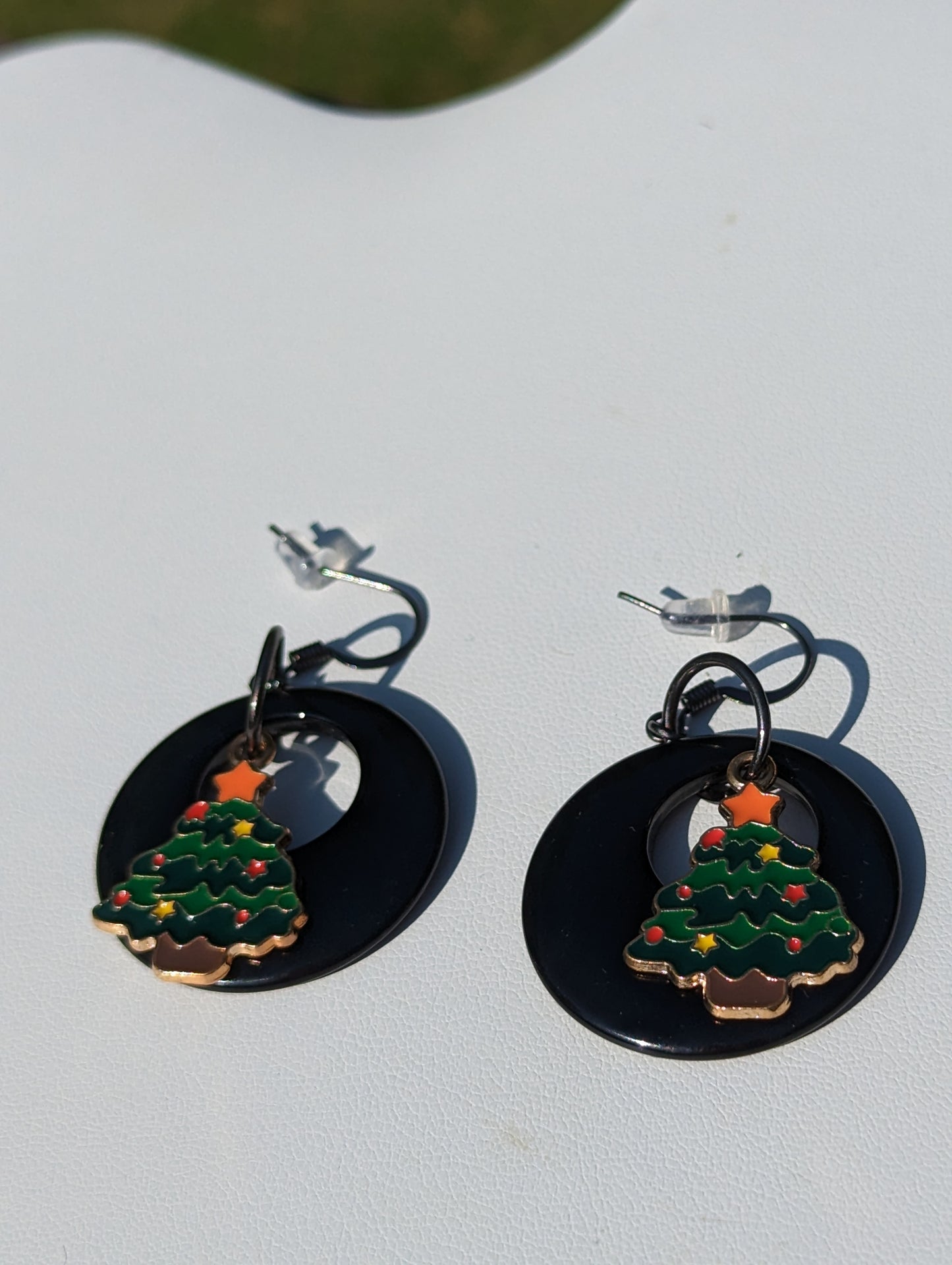 Black Disc Earrings with Christmas Tree Charm