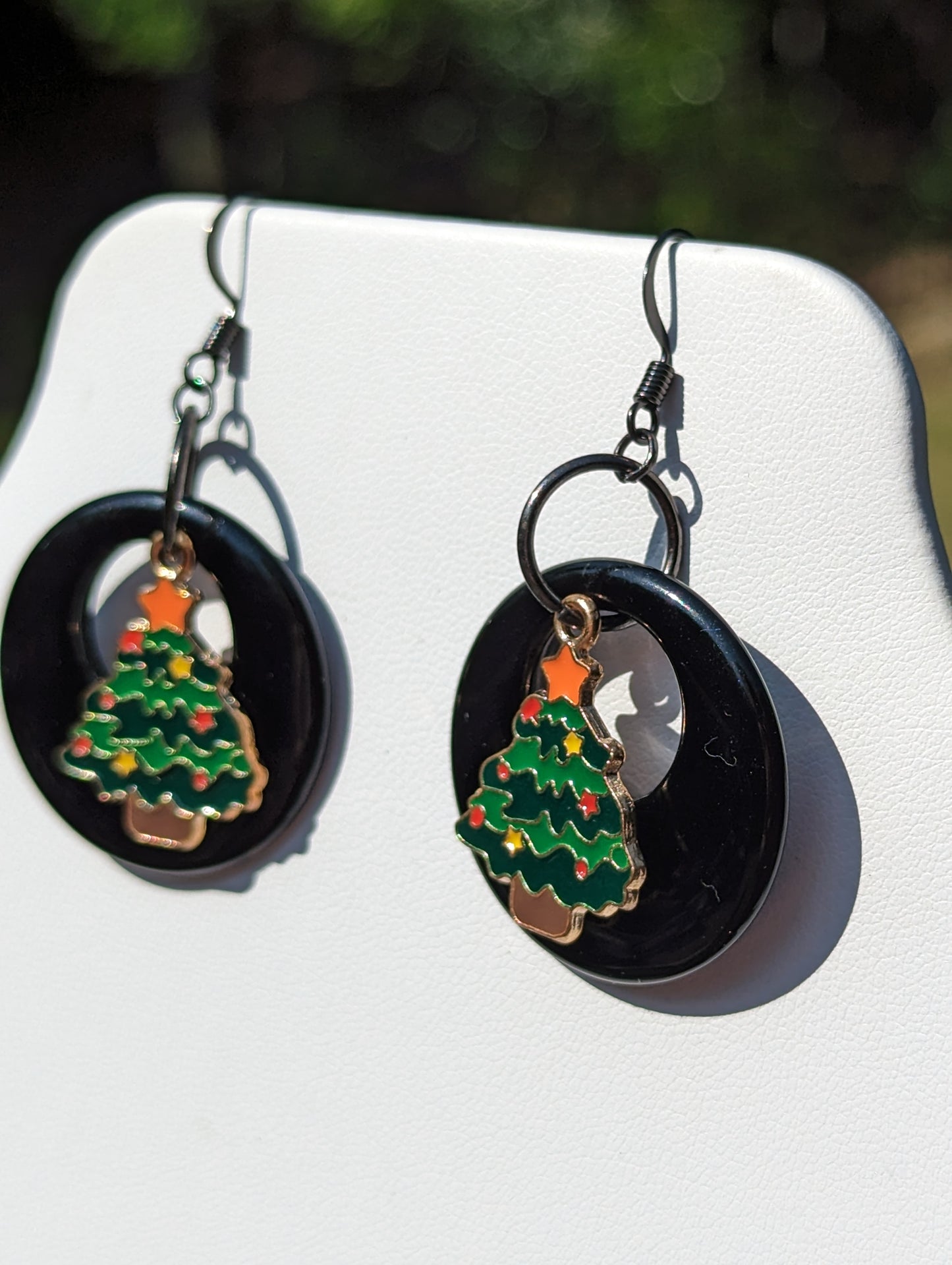 Black Disc Earrings with Christmas Tree Charm