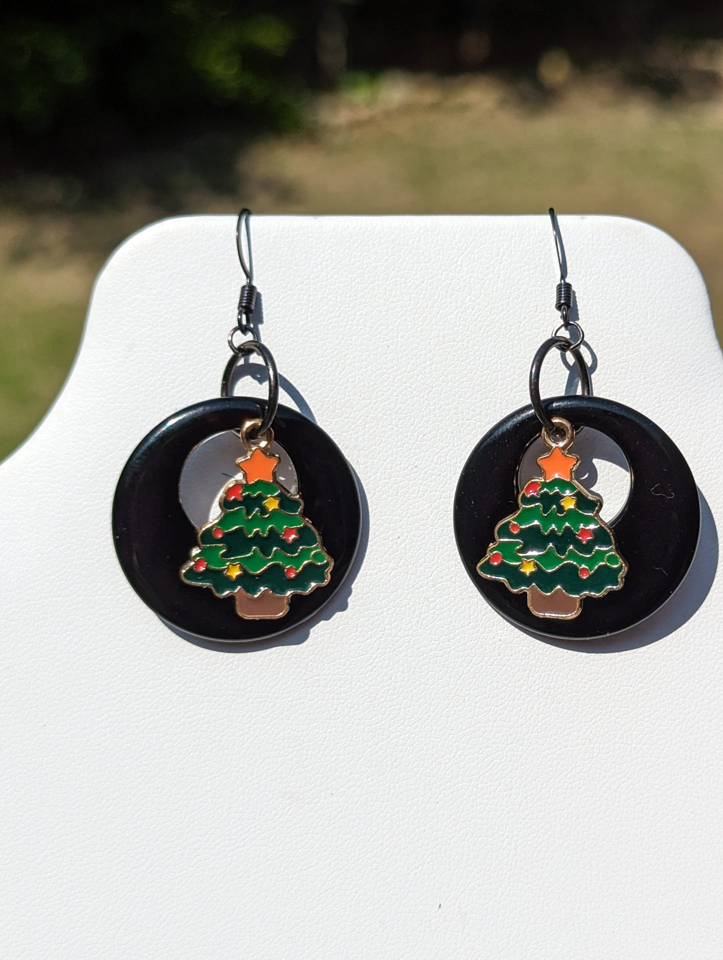 Black Disc Earrings with Christmas Tree Charm