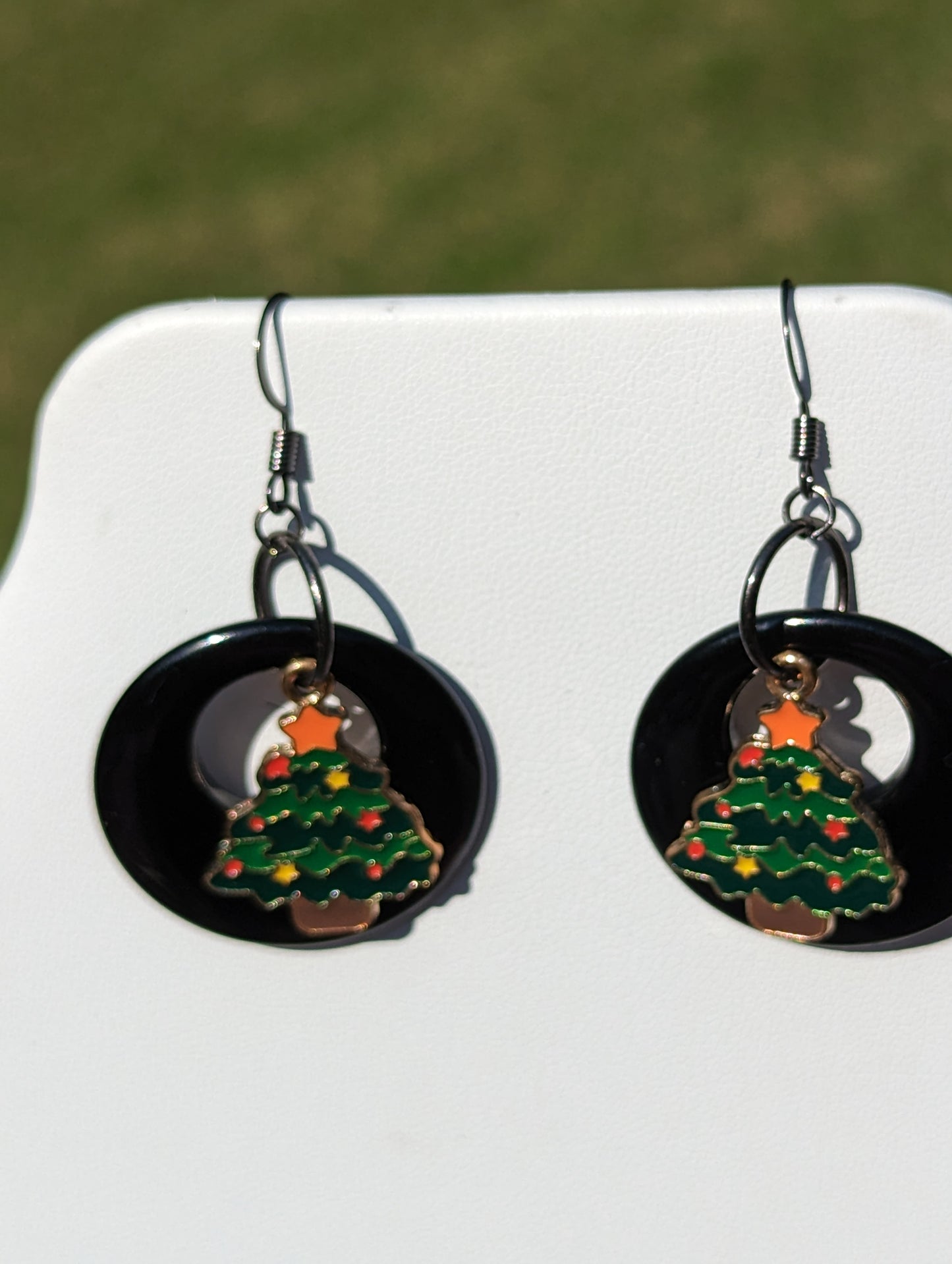 Black Disc Earrings with Christmas Tree Charm