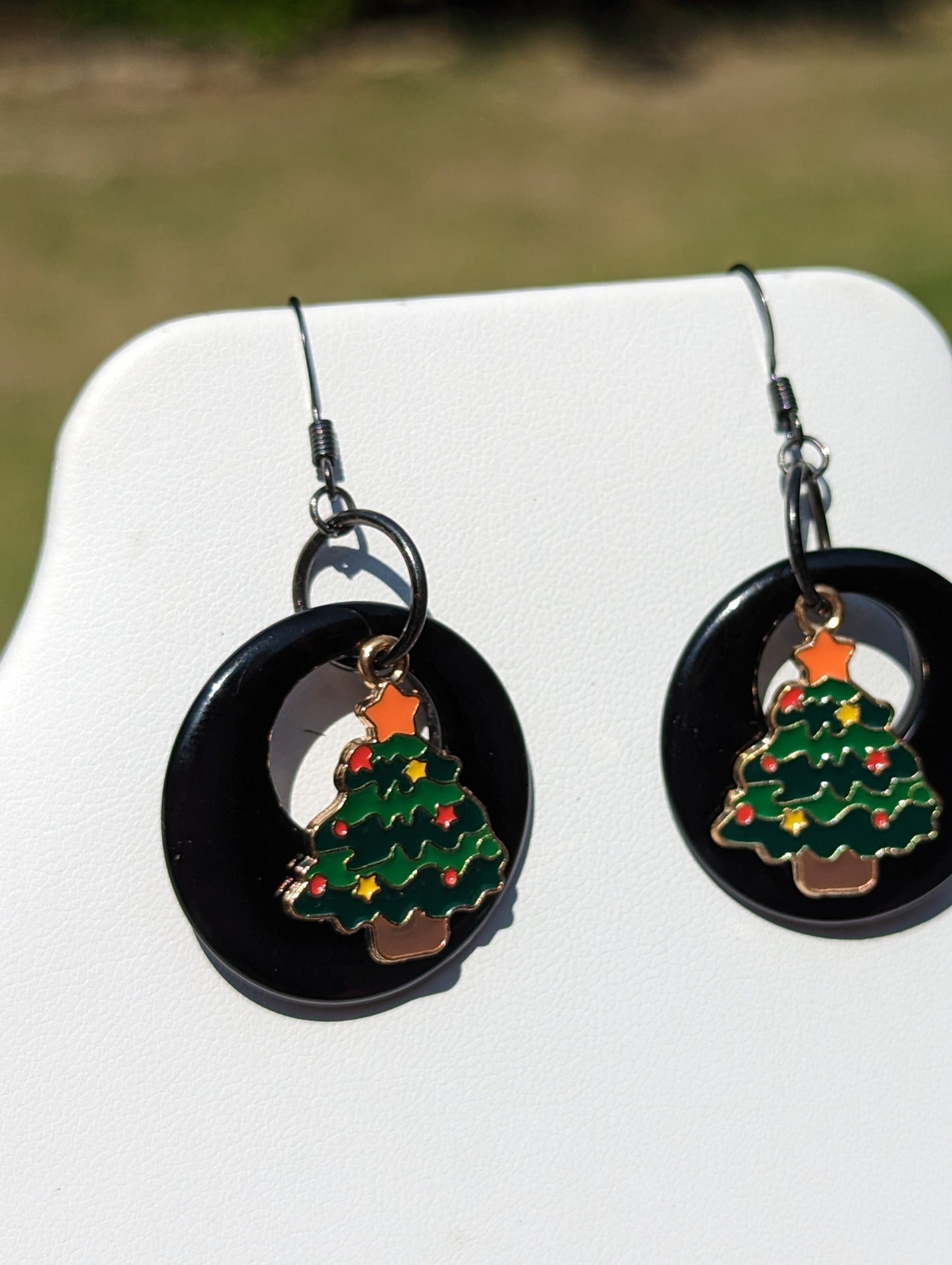 Black Disc Earrings with Christmas Tree Charm