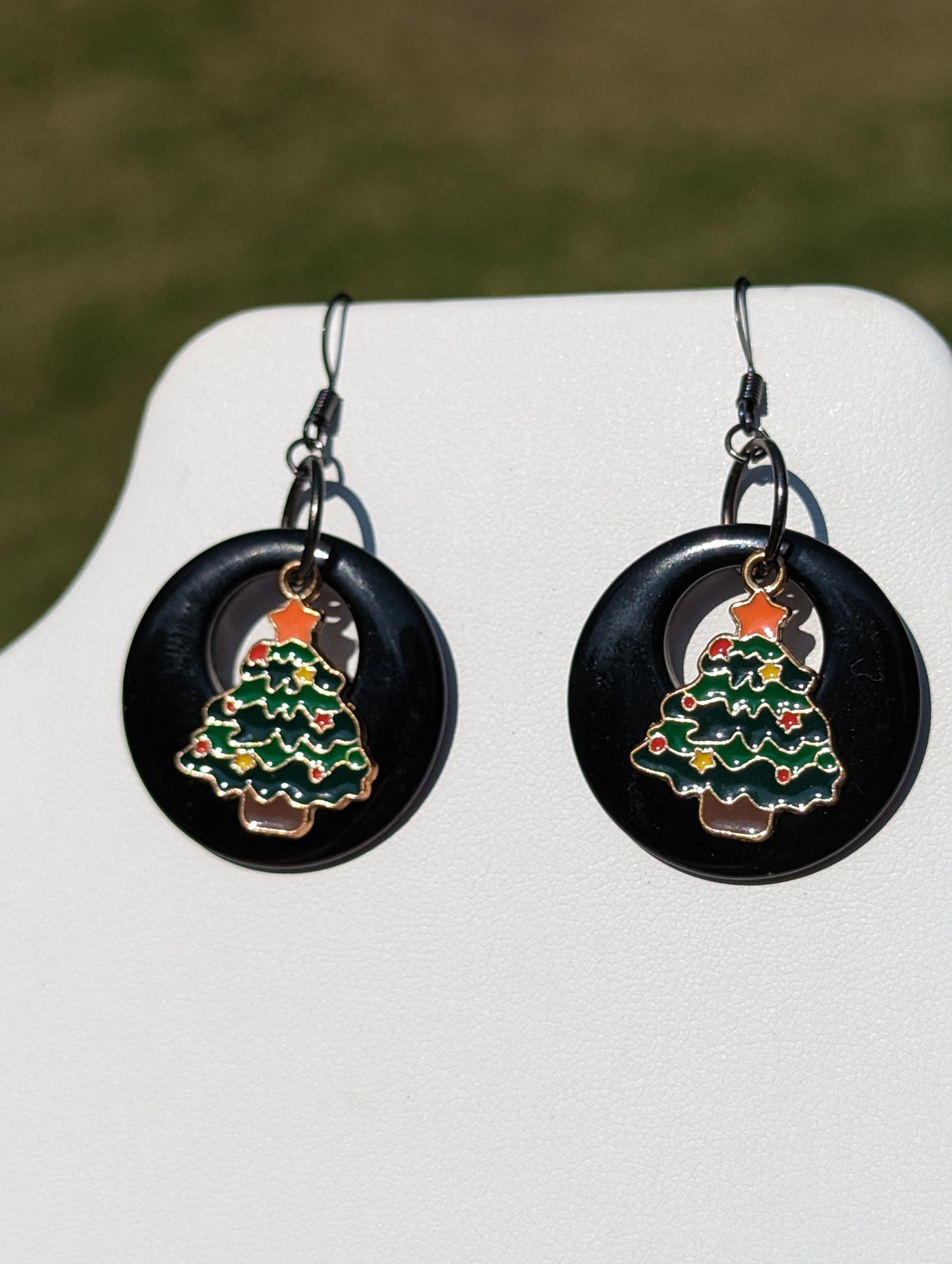 Black Disc Earrings with Christmas Tree Charm