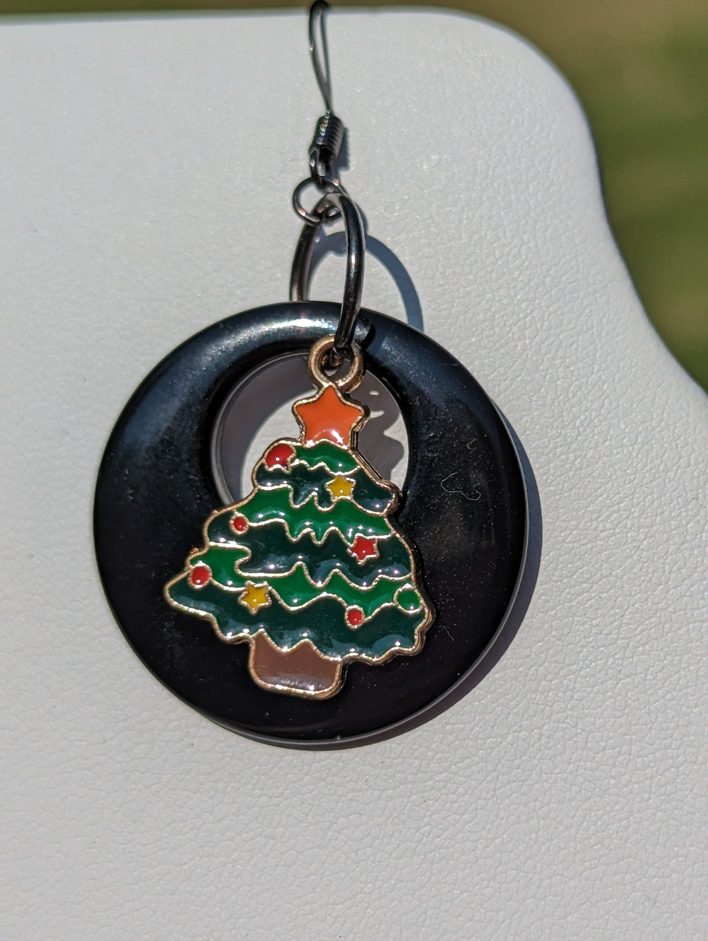 Black Disc Earrings with Christmas Tree Charm